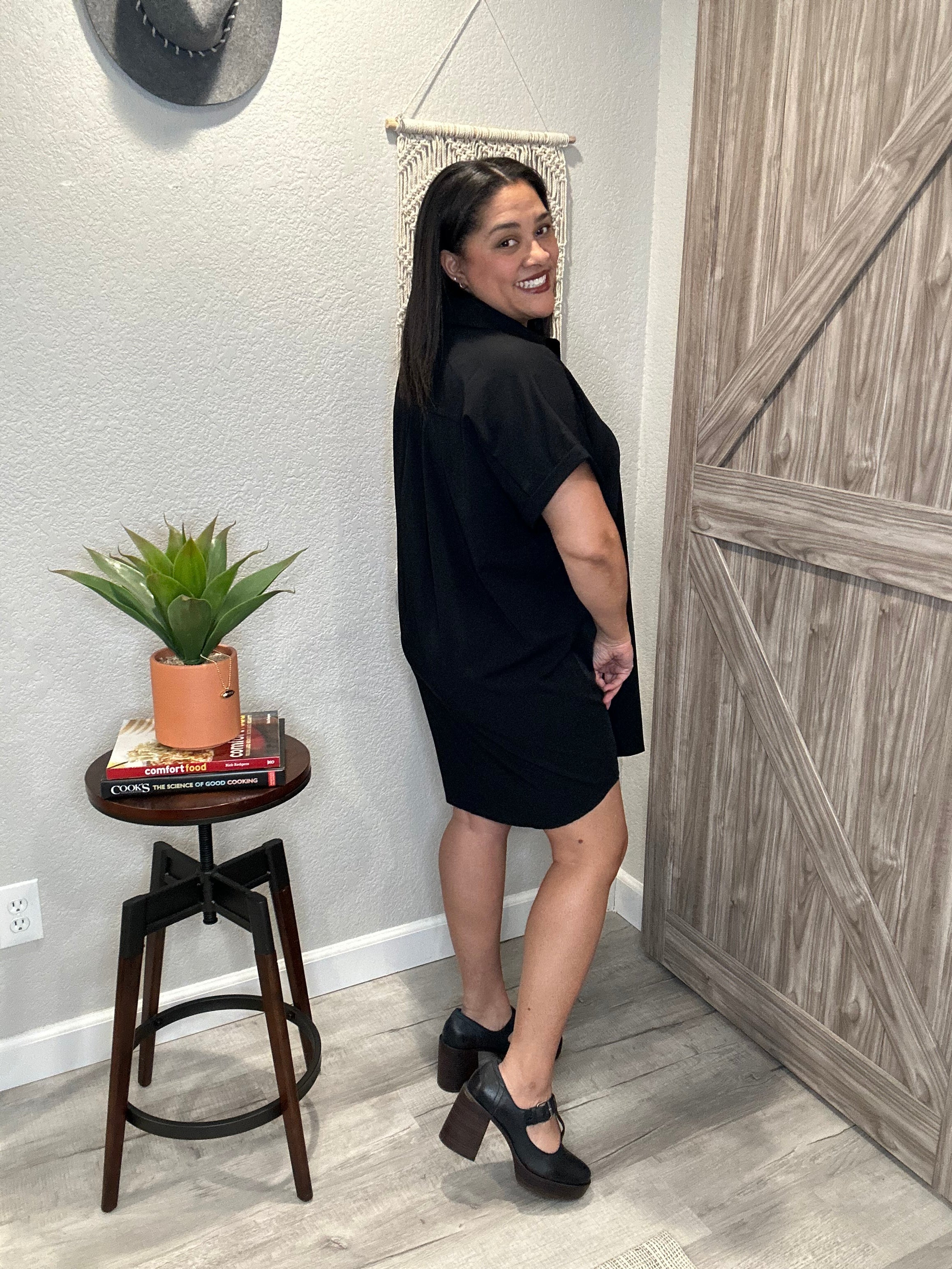 Black Button Down Collared Above the Knee Dress