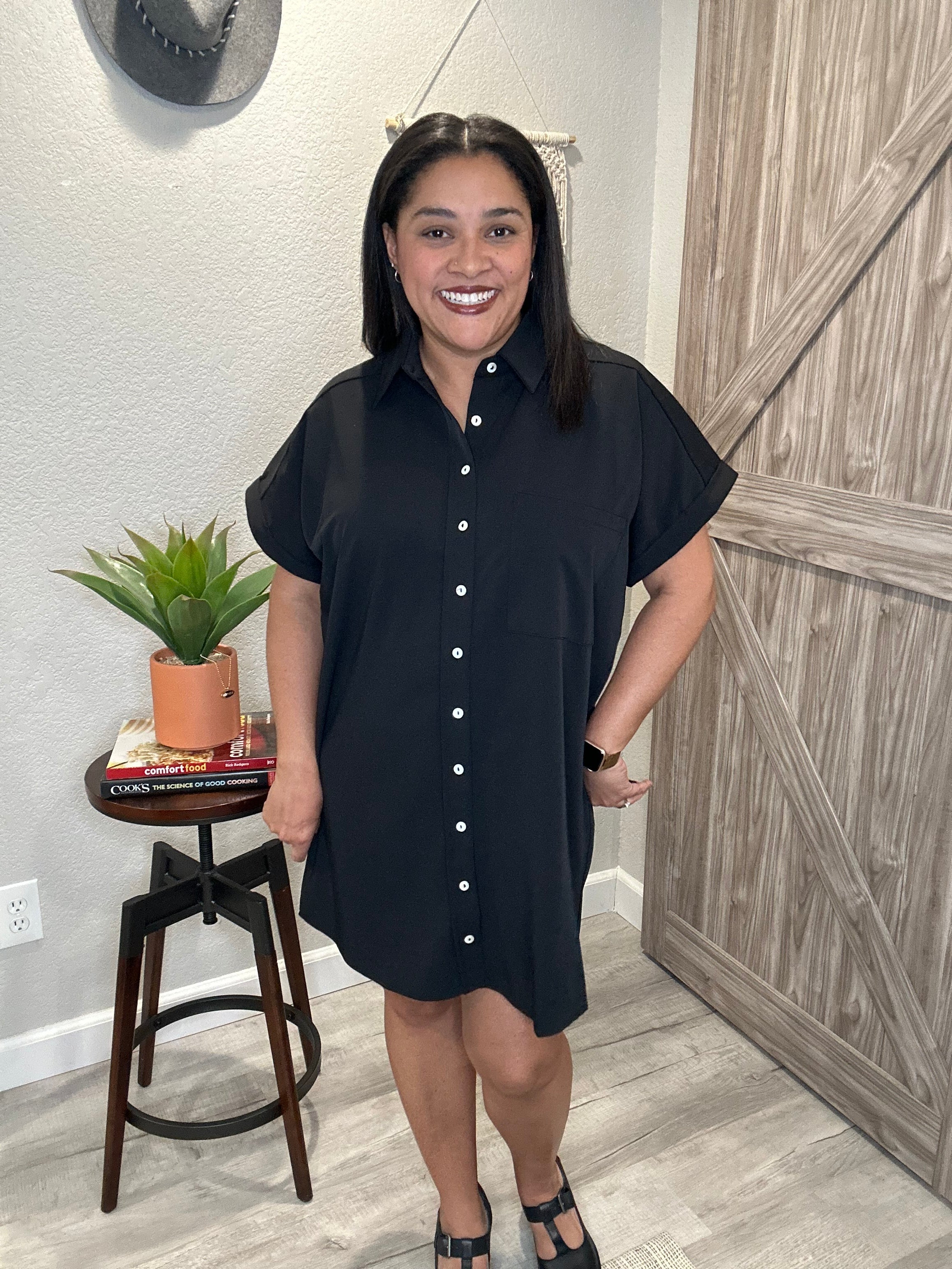 Black Button Down Collared Above the Knee Dress
