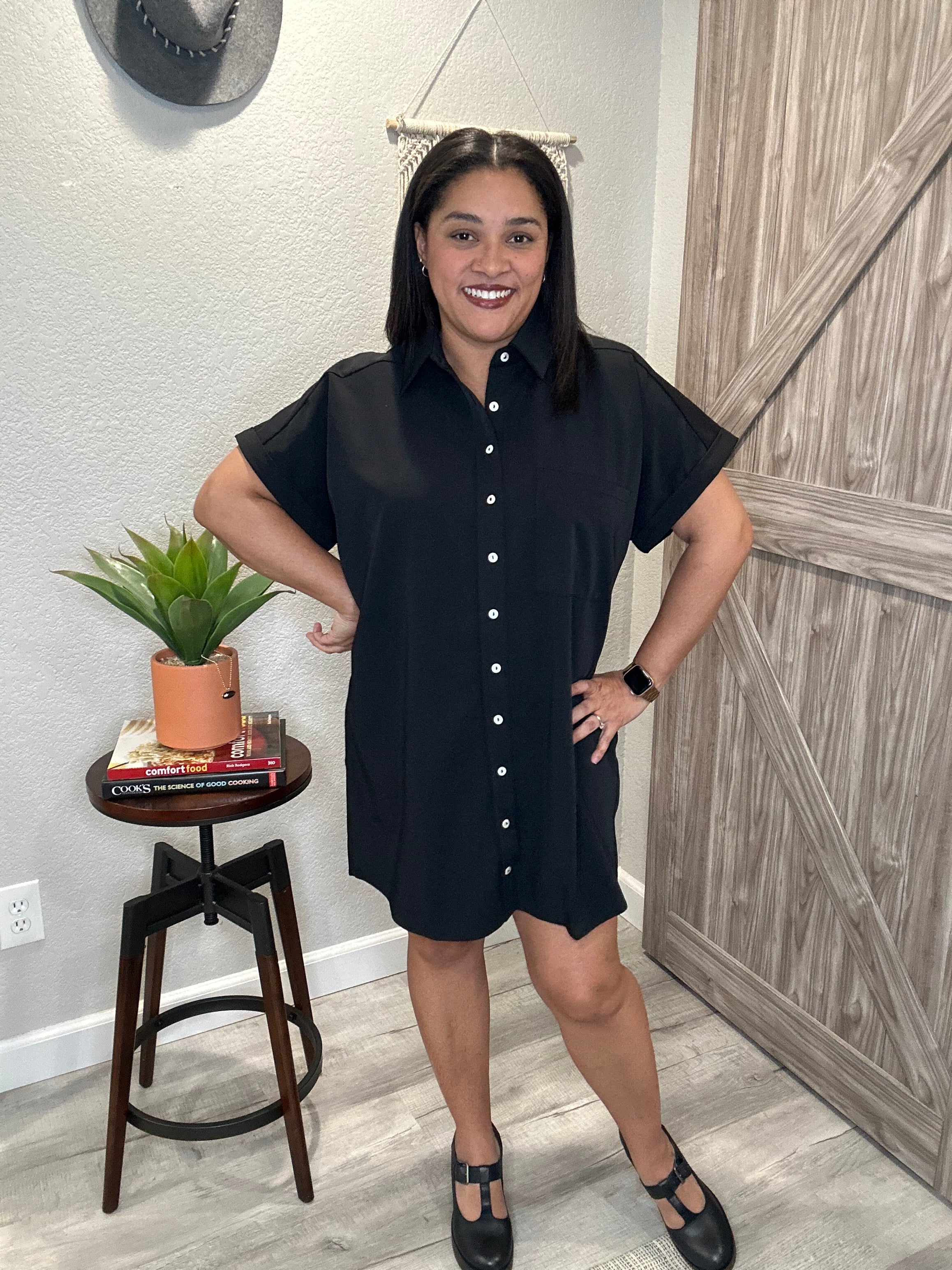 Black Button Down Collared Above the Knee Dress