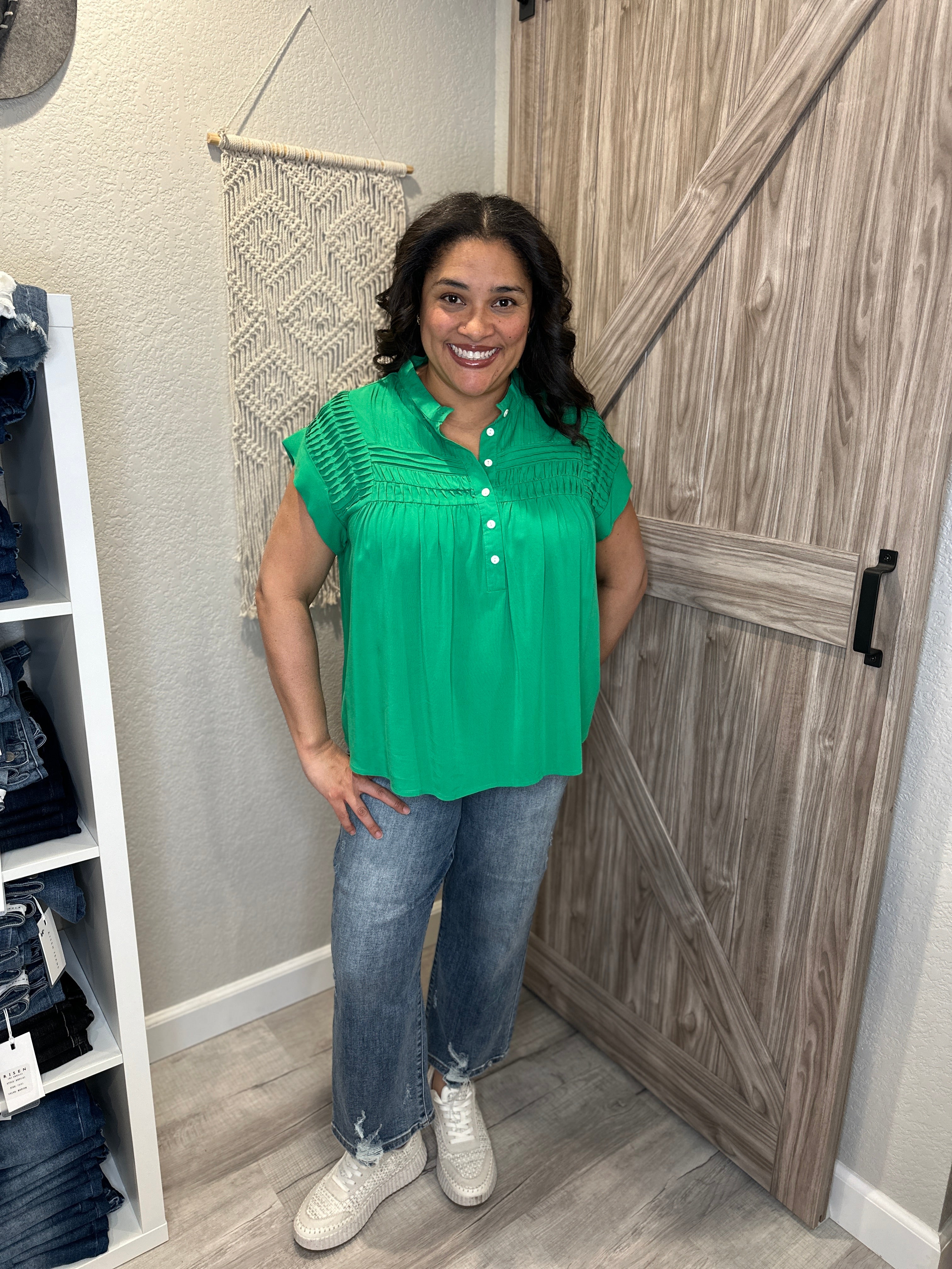 Kelly Green Relaxed Fit Button Up Top