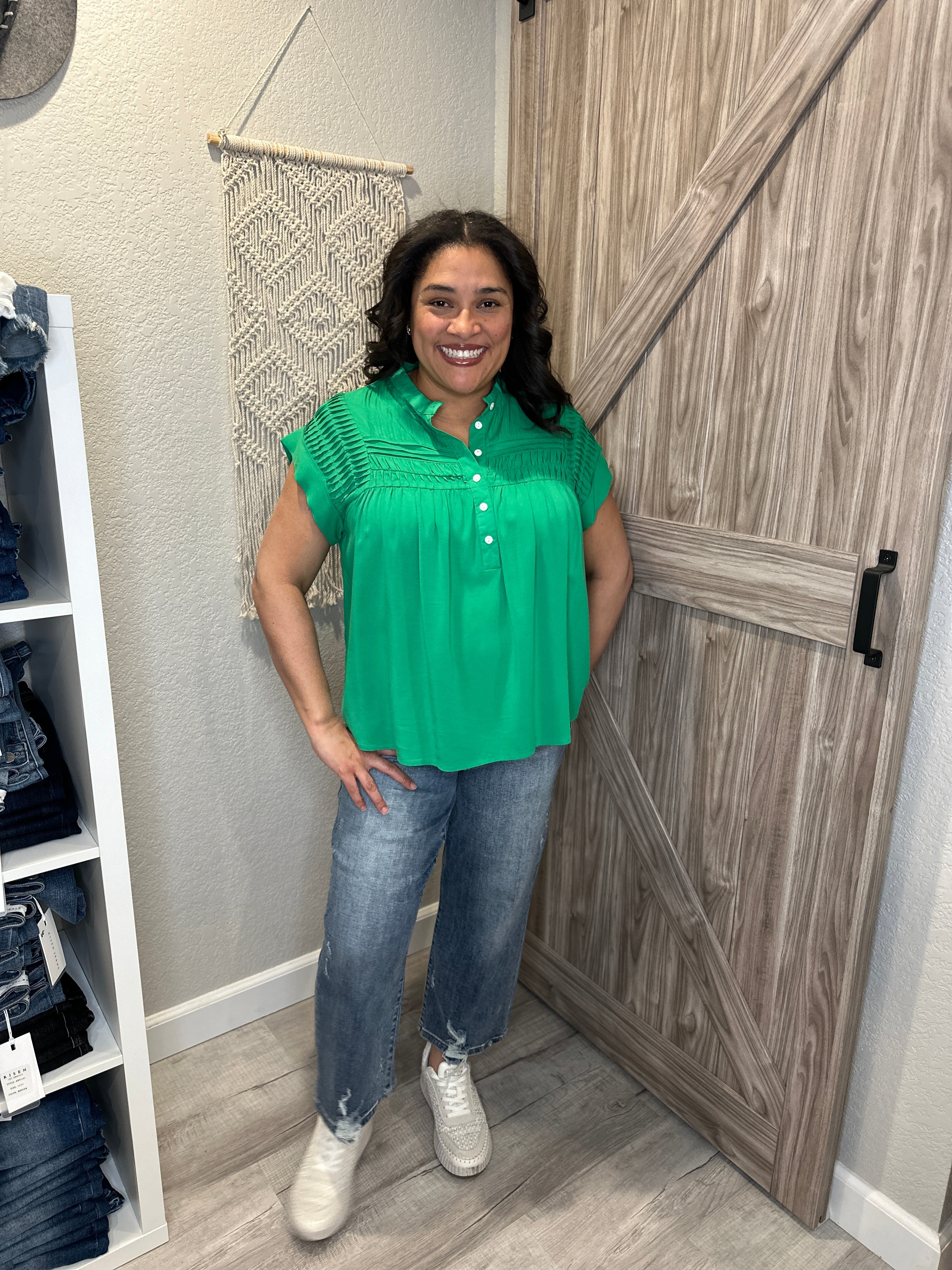 Kelly Green Relaxed Fit Button Up Top