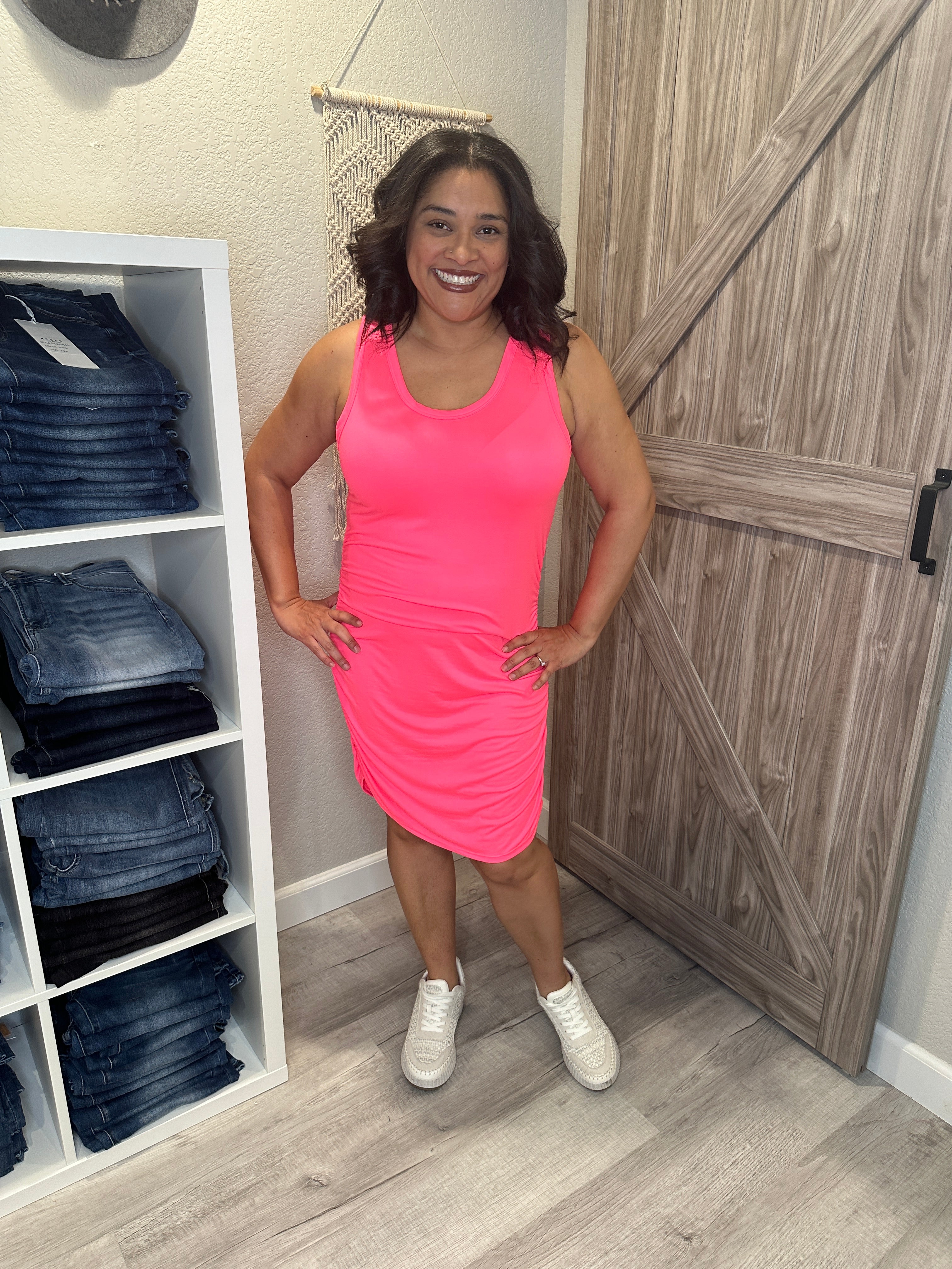 Neon Pink Body Con Ruched Summer Sleeveless Dress