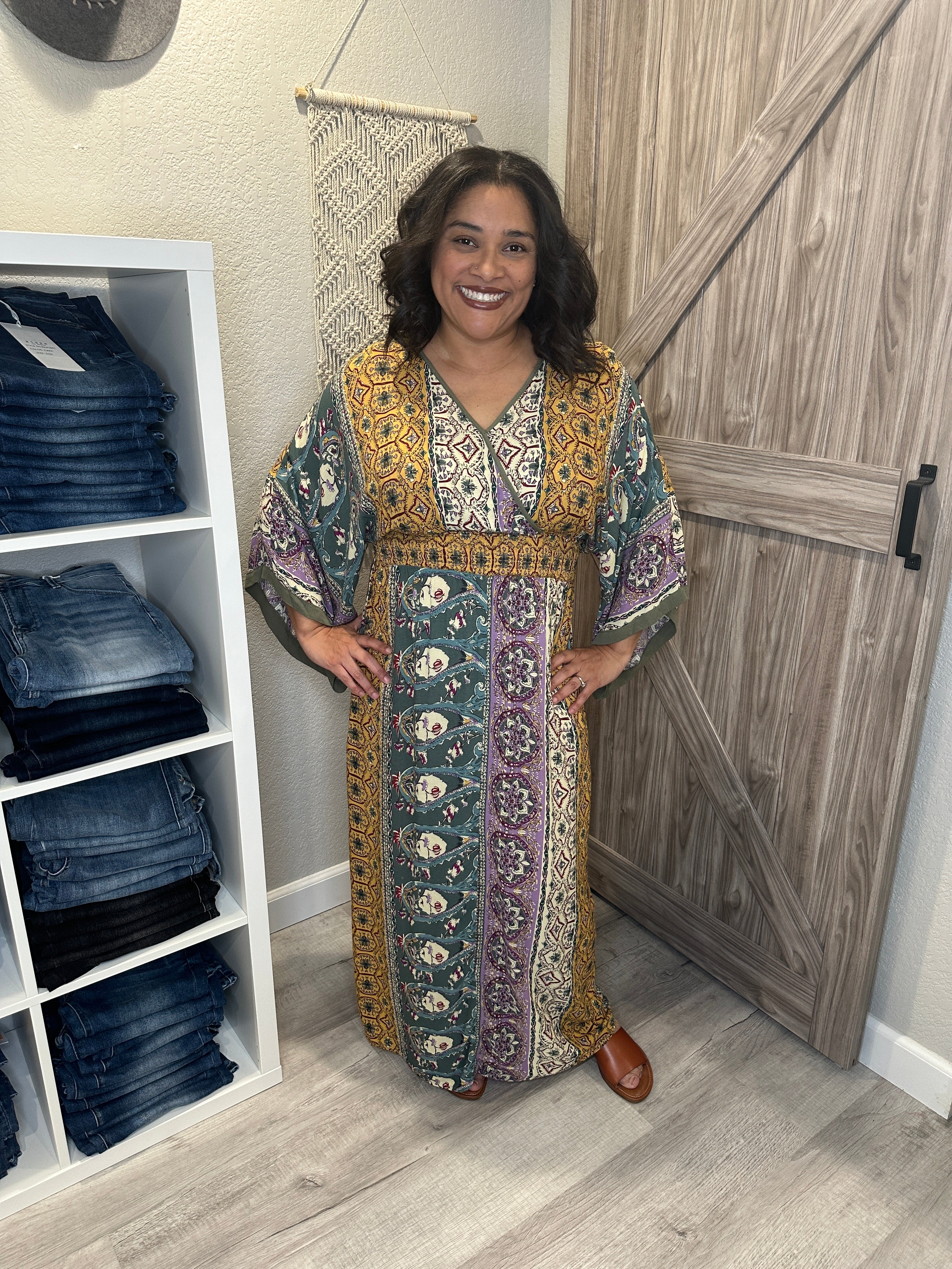 Mixed Floral Print Kimono Style Flared Sleeve Dress