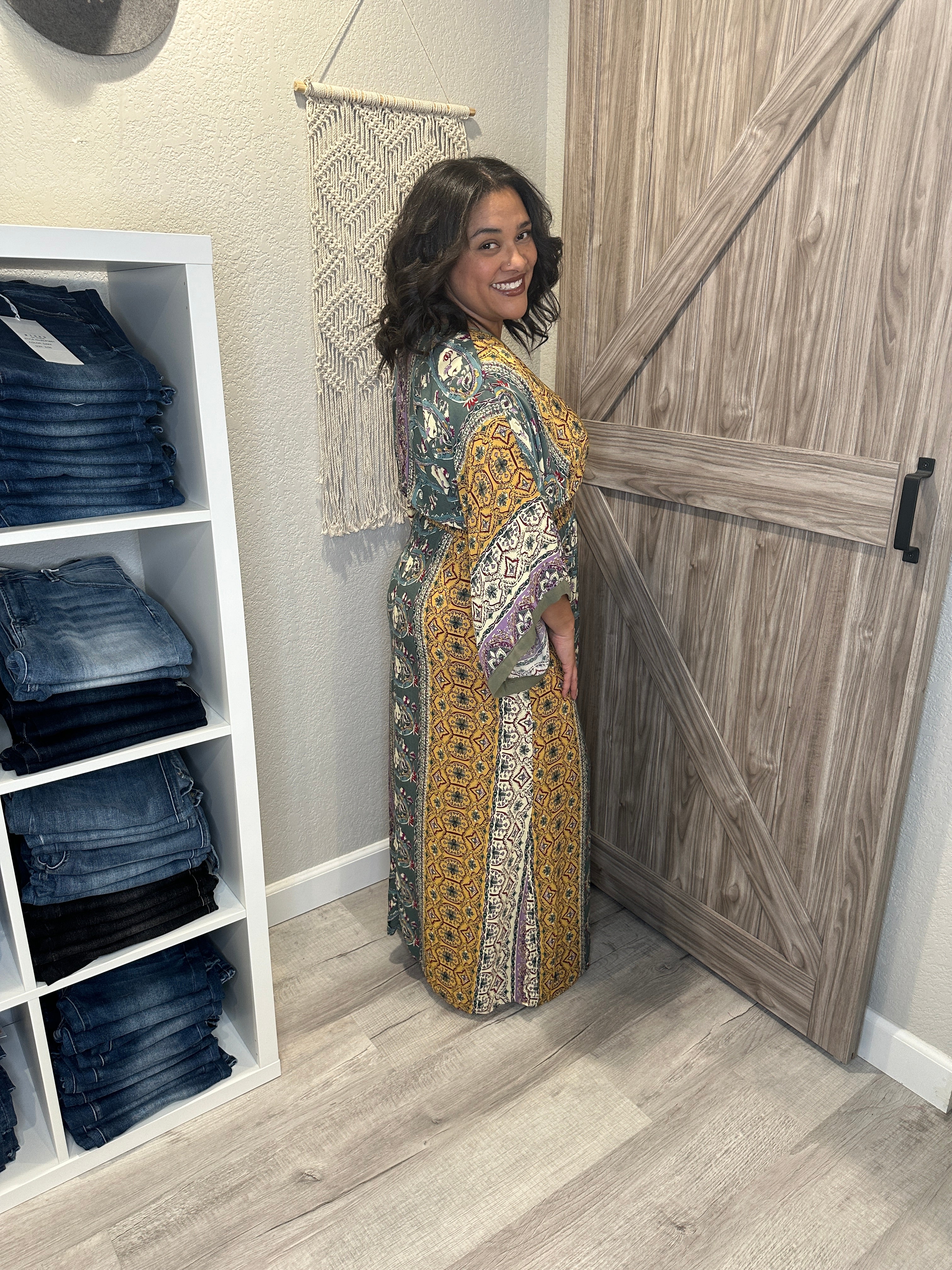 Mixed Floral Print Kimono Style Flared Sleeve Dress