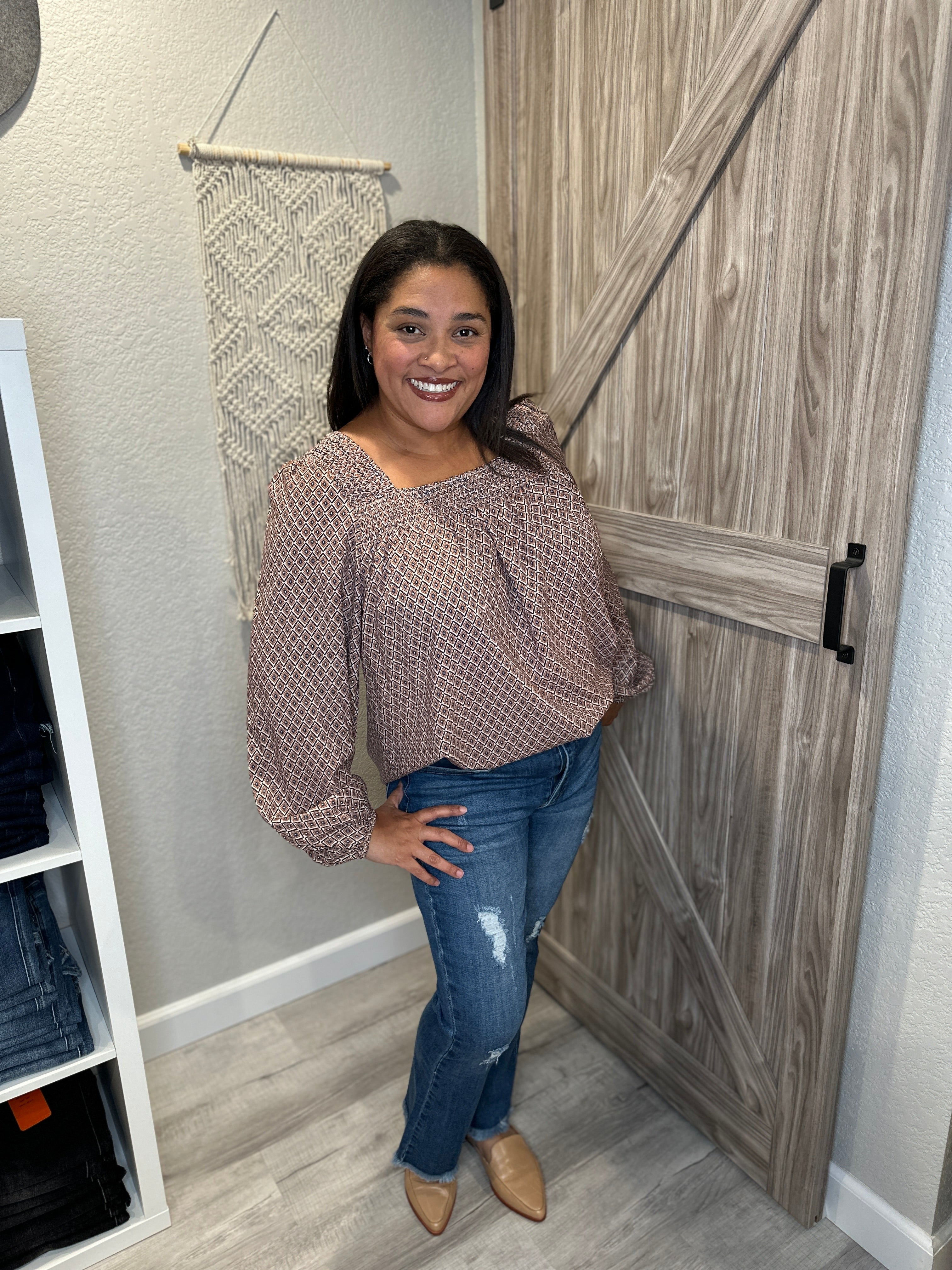 Boho Geometric Print Square Neck Top