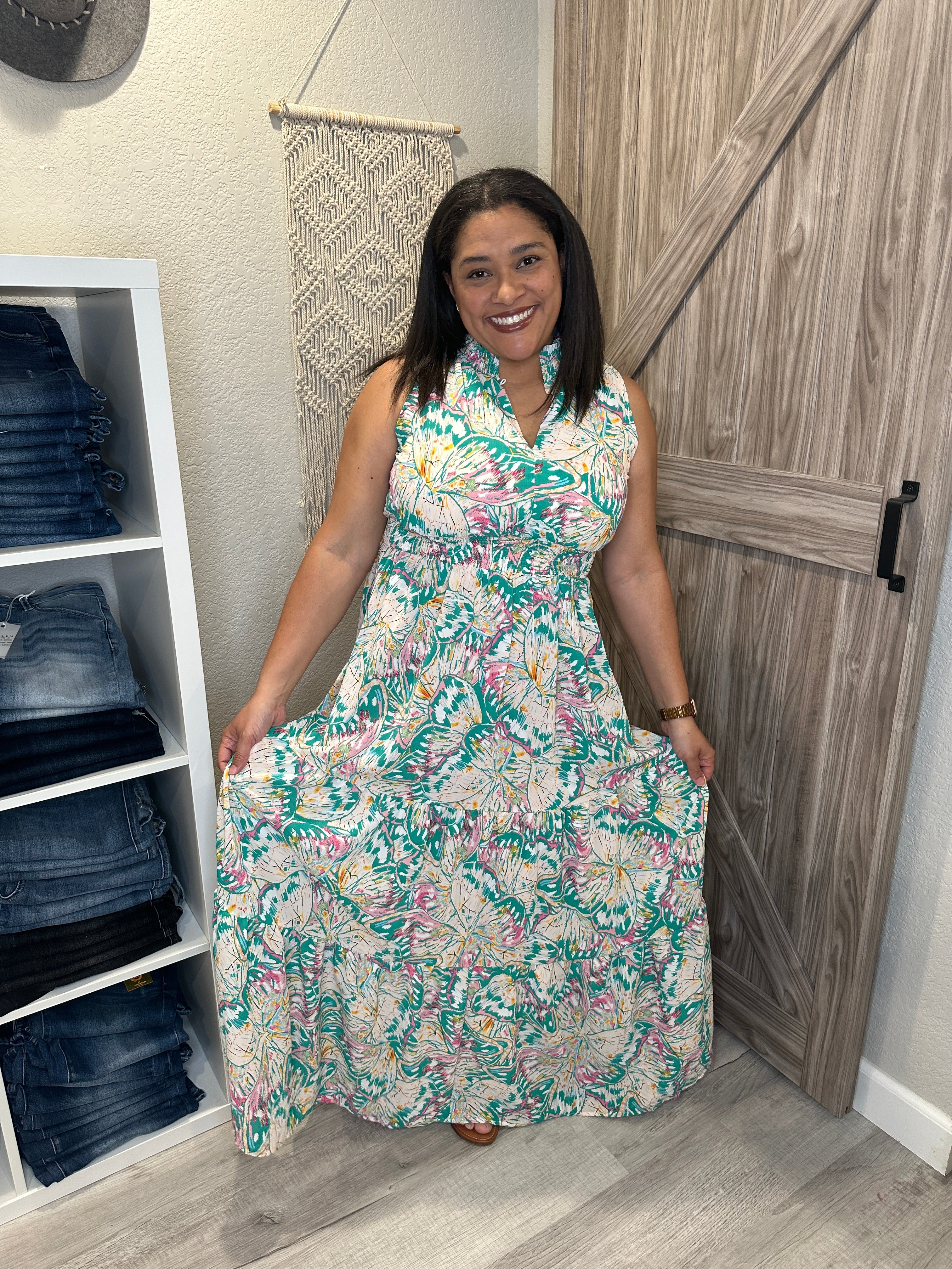 Summer Breeze Butterfly Print Tiered Maxi Dress