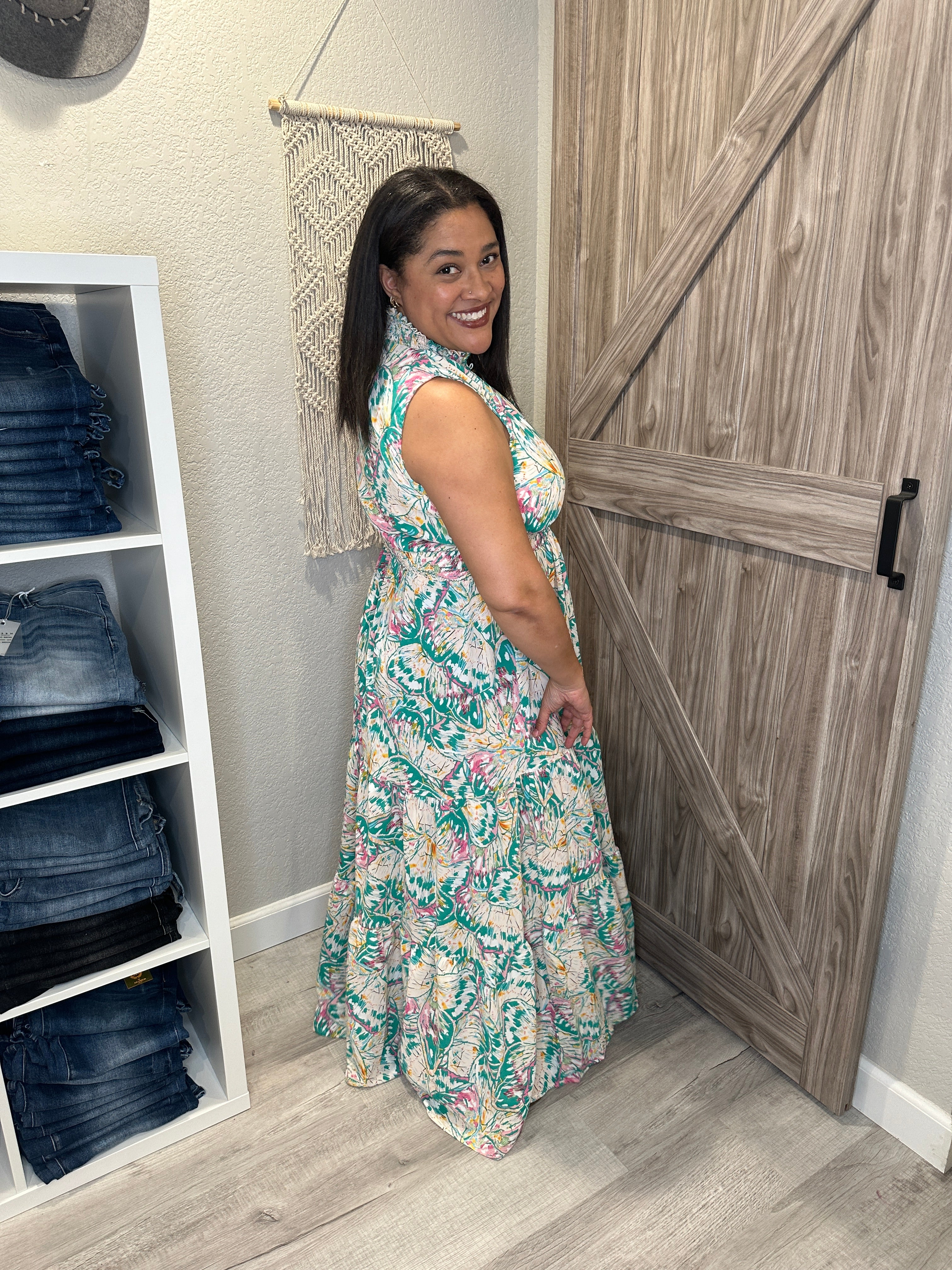 Summer Breeze Butterfly Print Tiered Maxi Dress