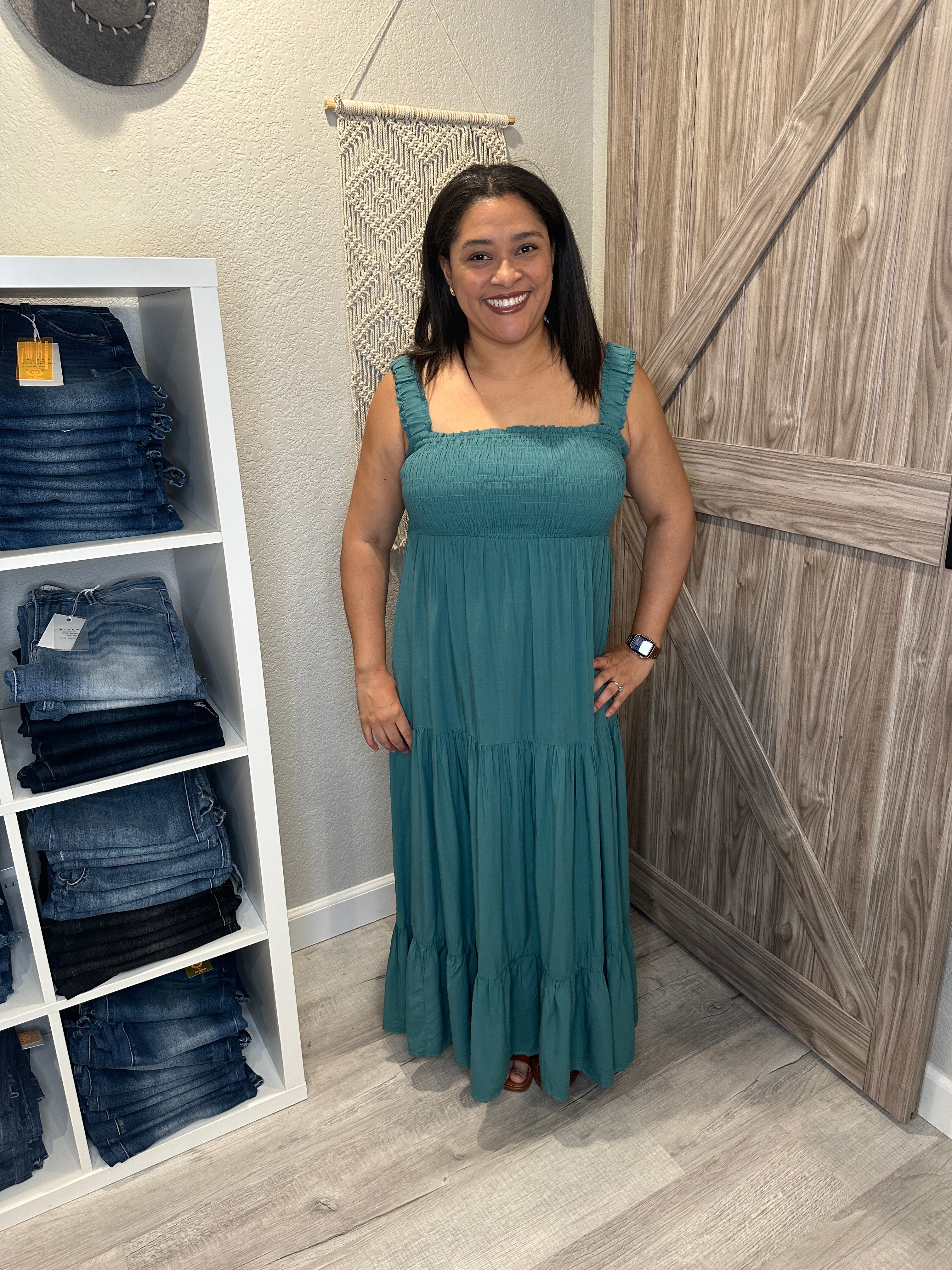 Teal Tank Smocked Top Tiered Maxi Dress