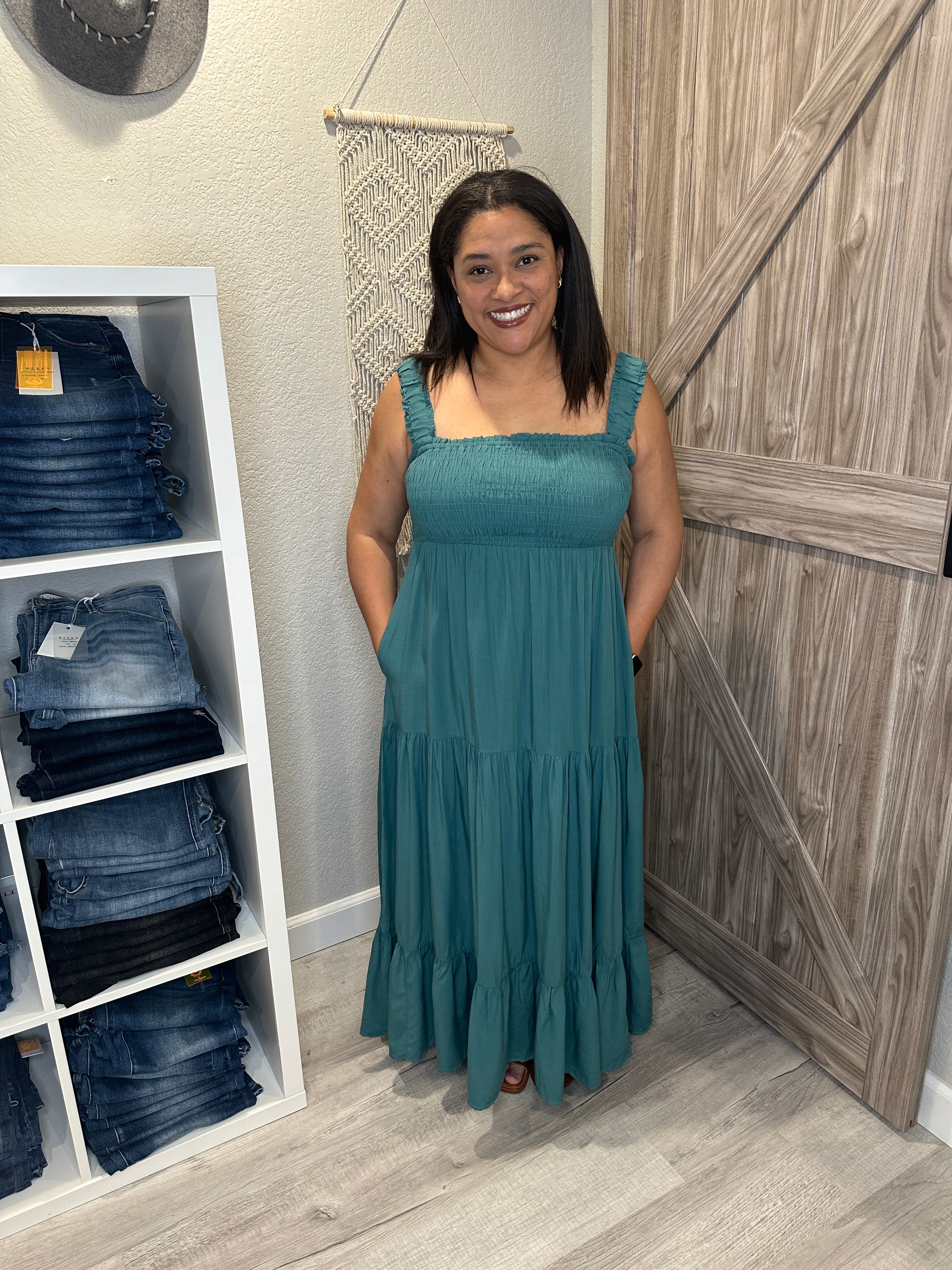 Teal Tank Smocked Top Tiered Maxi Dress