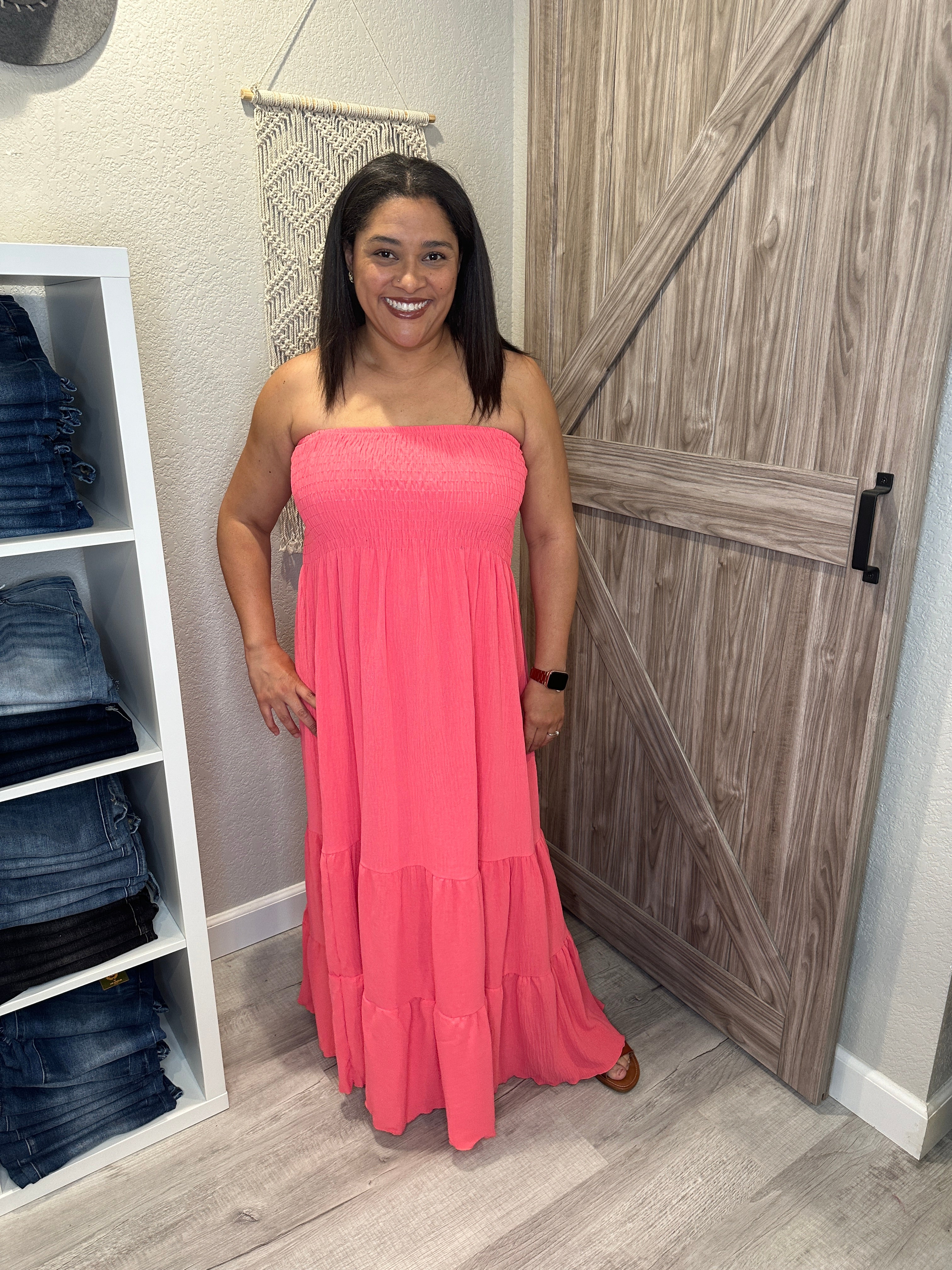 Coral Strapless Smocked Tiered Summer Maxi Dress