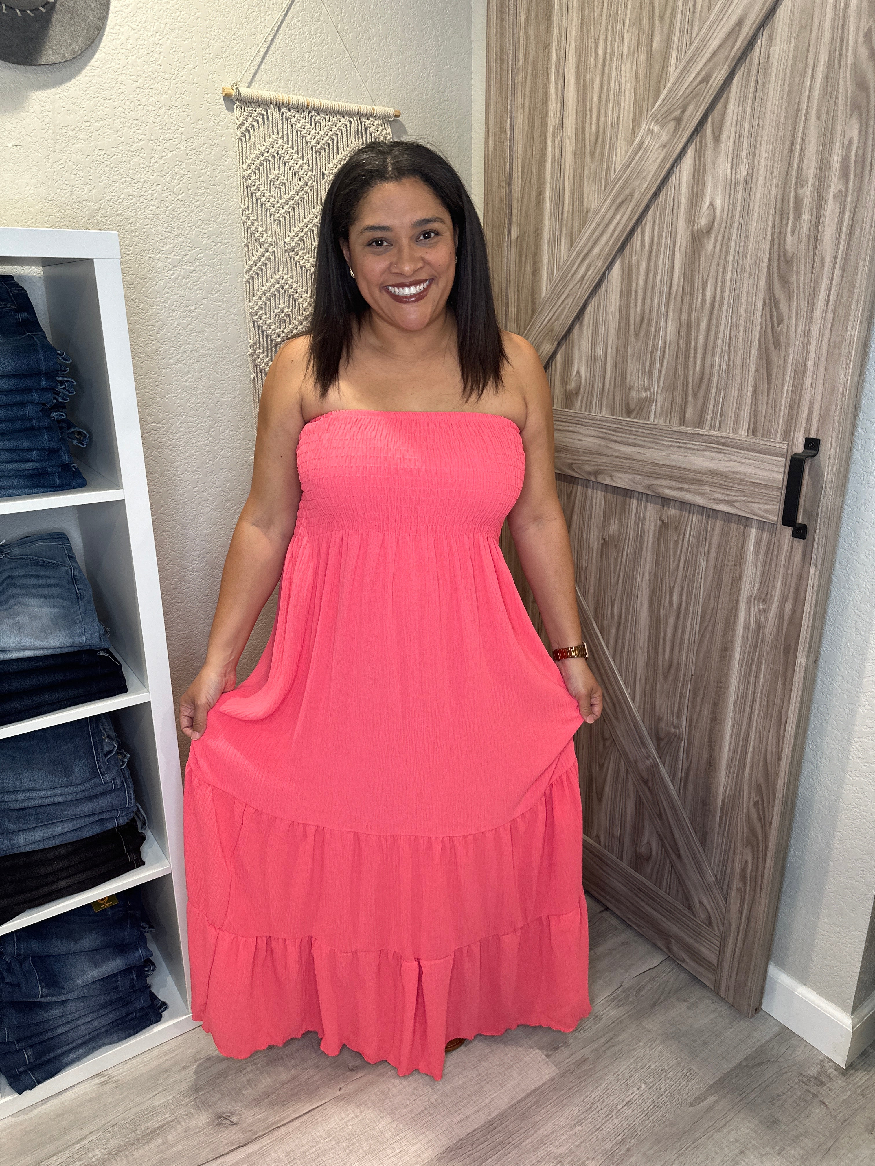 Coral Strapless Smocked Tiered Summer Maxi Dress