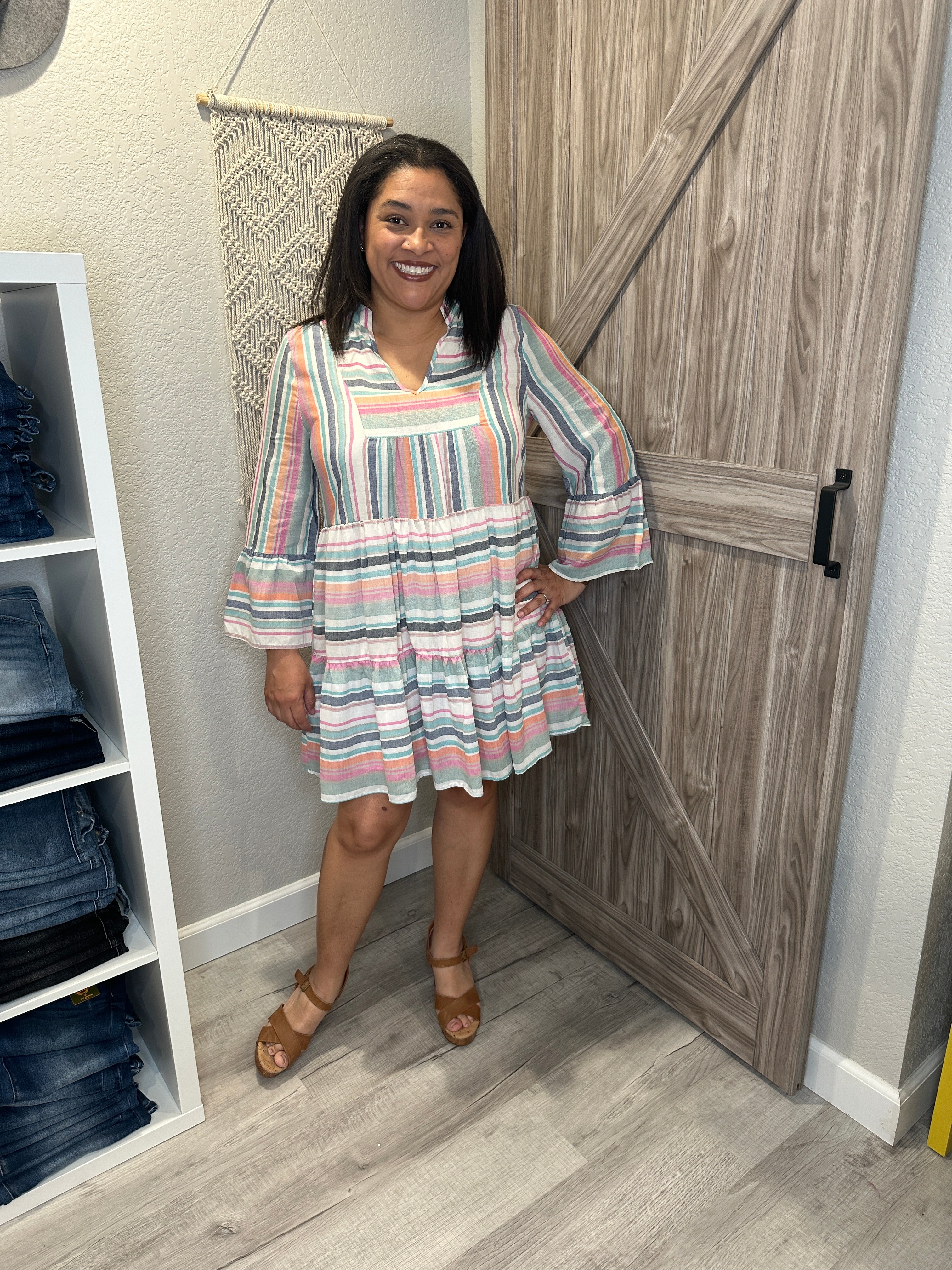 Summer Stripe Bell Sleeve Tiered Dress