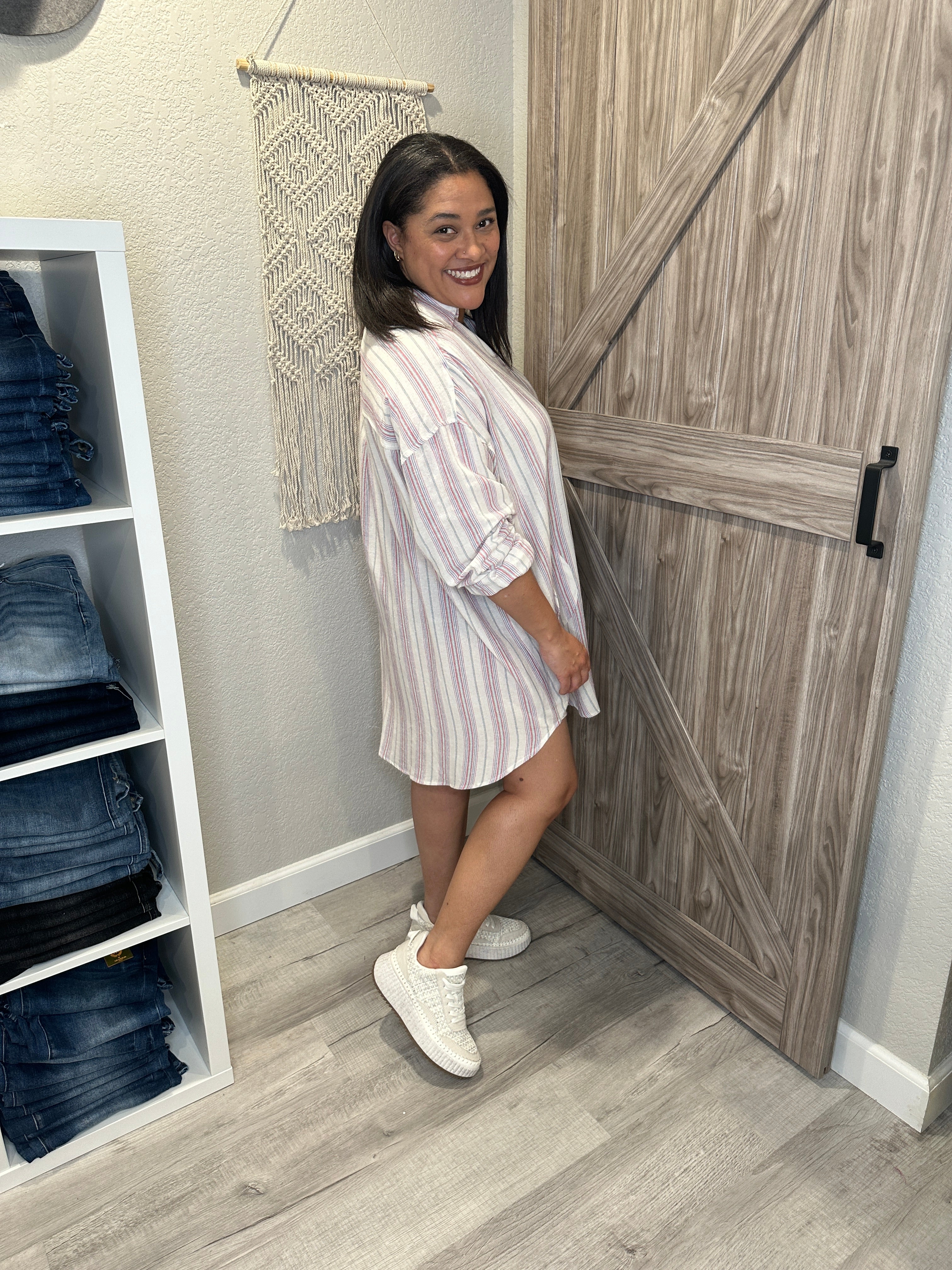Summer Stripe Split Neck Cotton Tunic Dress