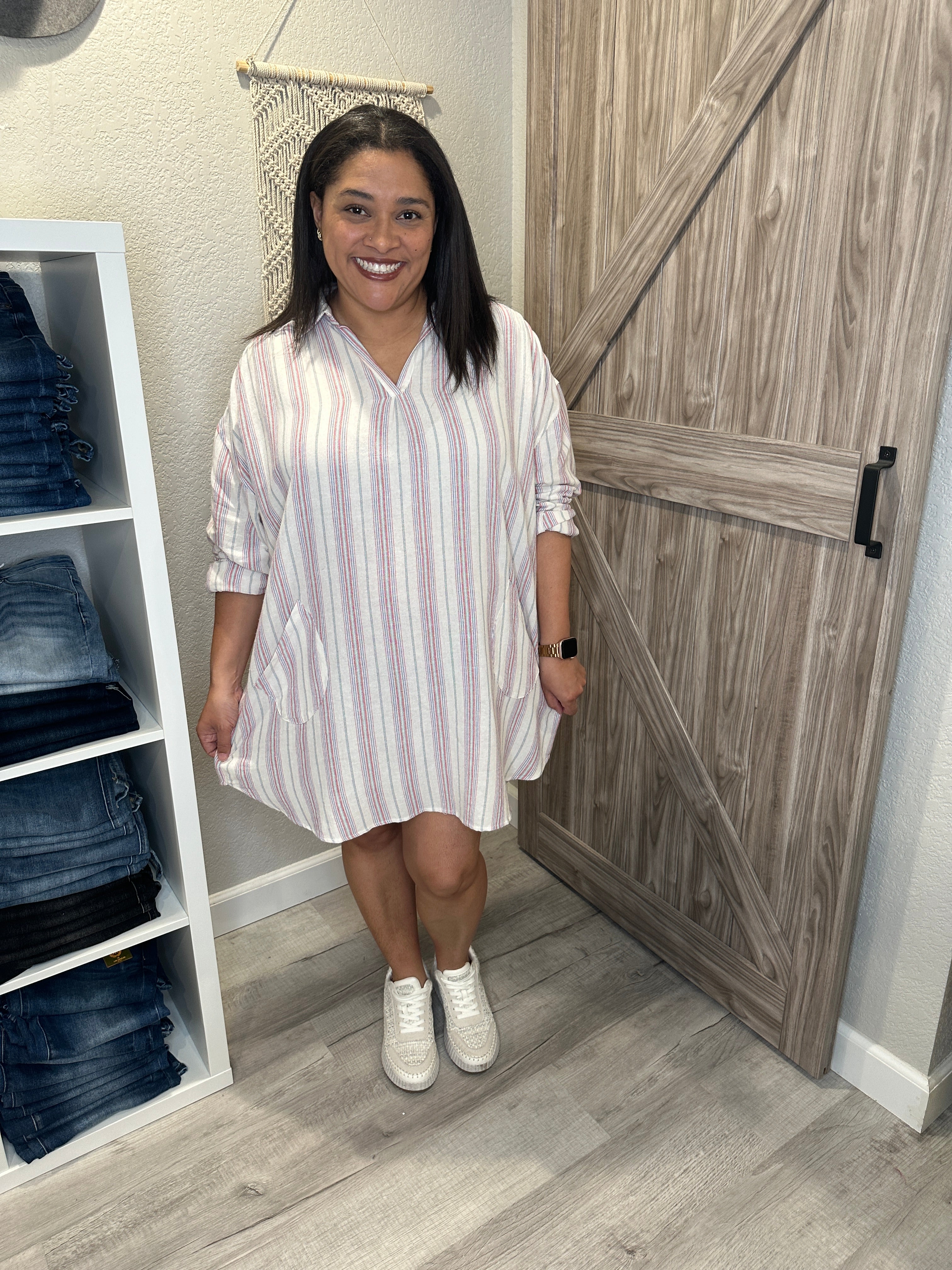 Summer Stripe Split Neck Cotton Tunic Dress