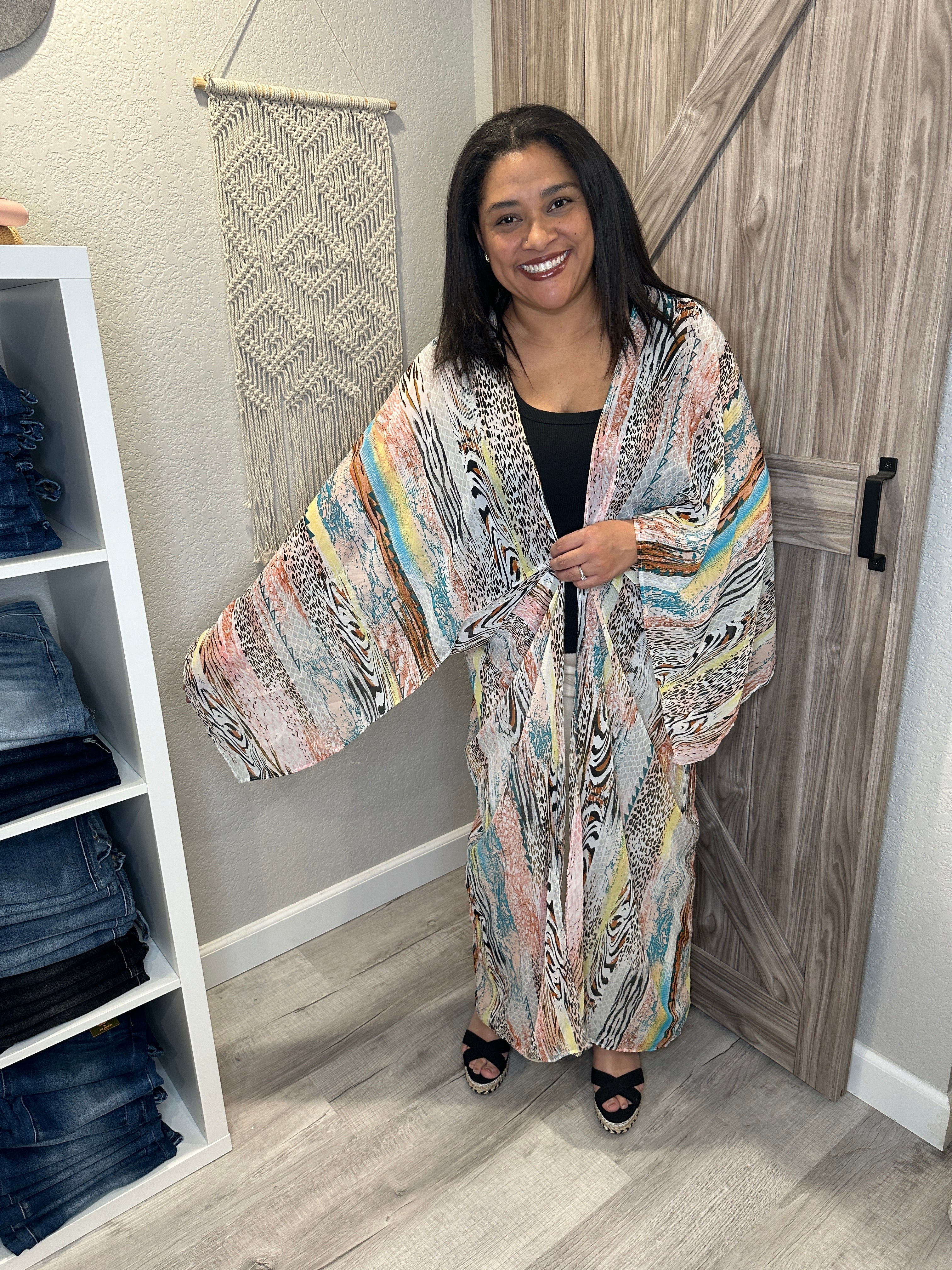 Multi Color Mixed Animal Print Sheer Kimono