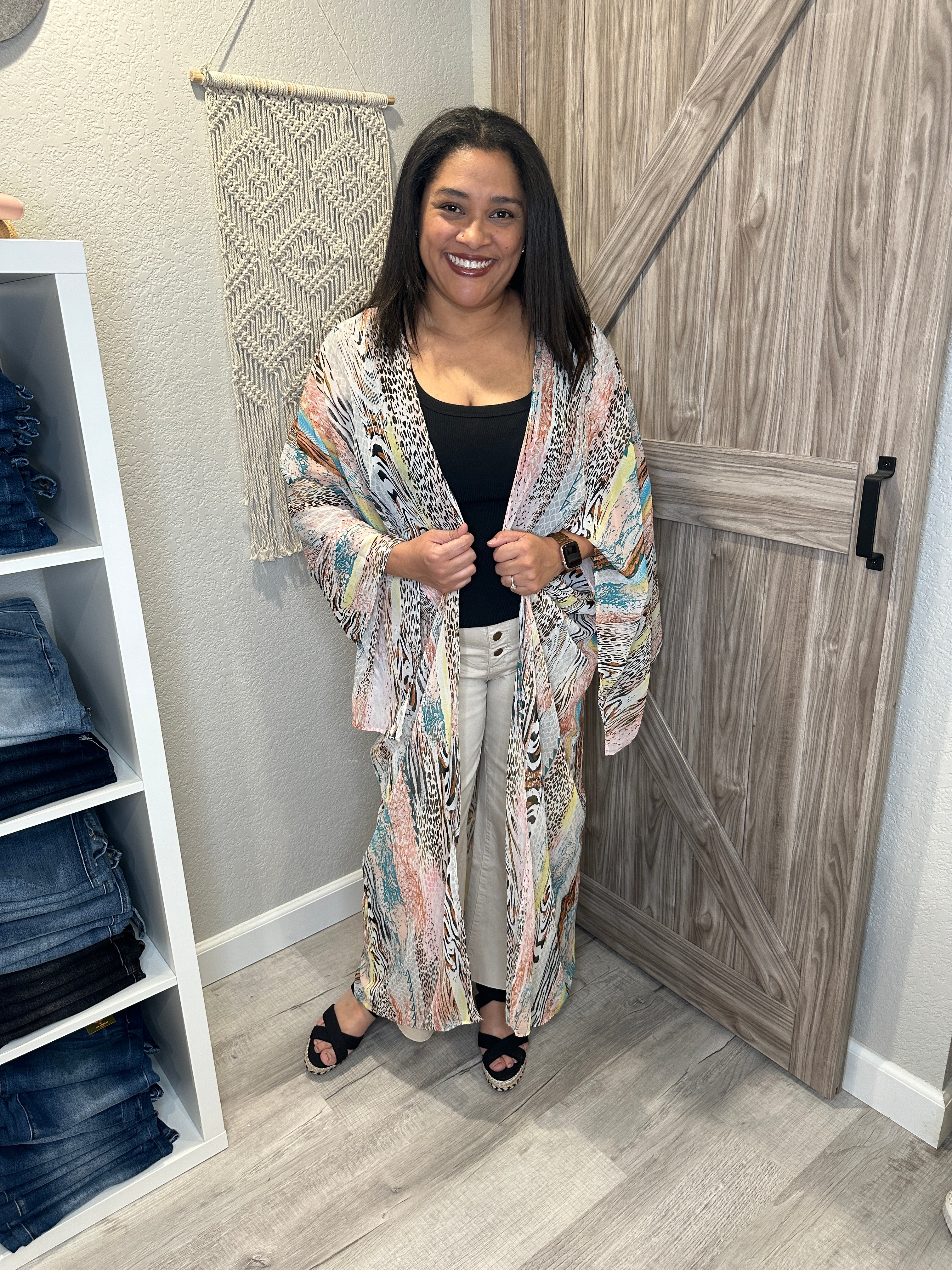 Multi Color Mixed Animal Print Sheer Kimono