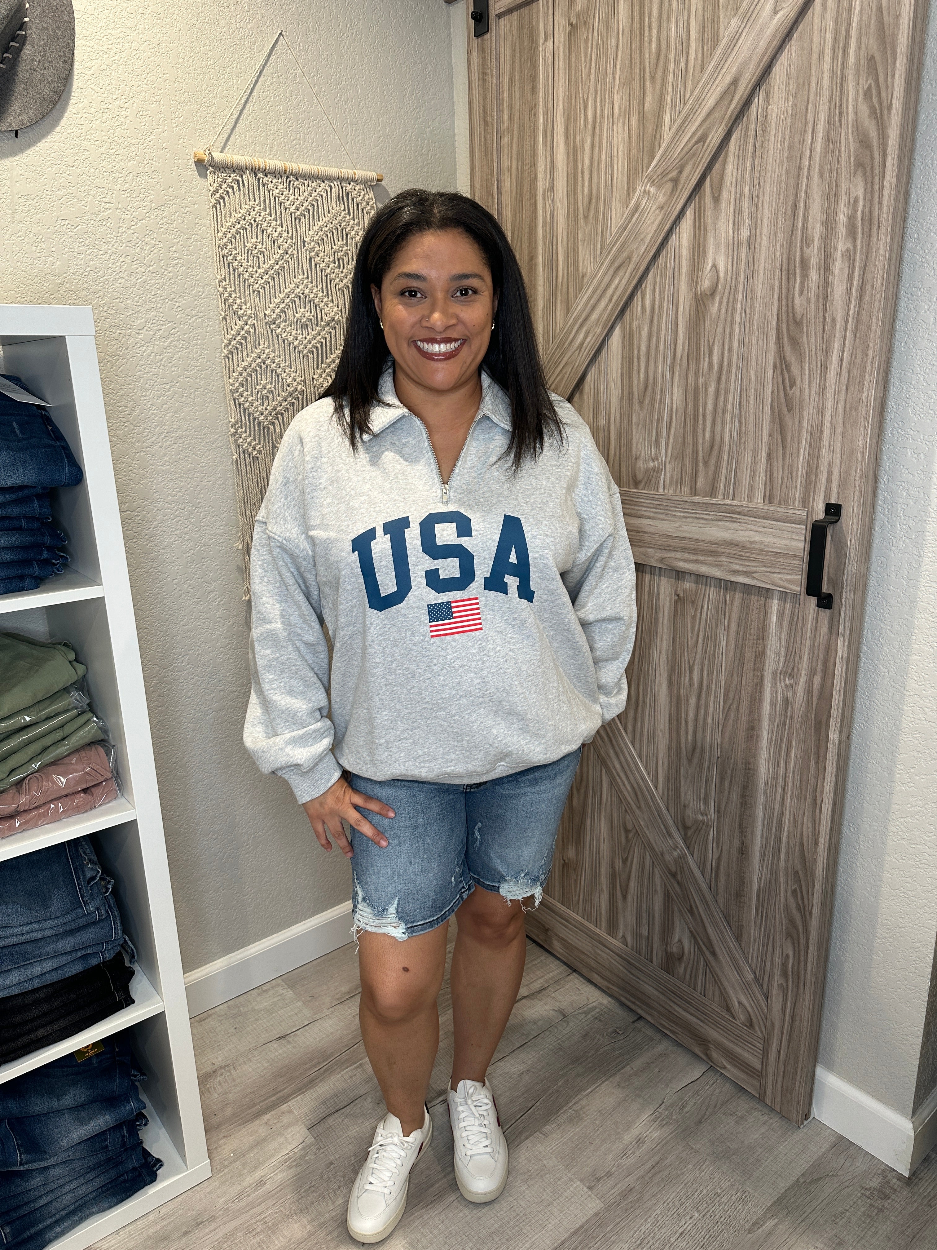 Chaser Heather Gray USA Quarter Zip Oversized Sweatshirt
