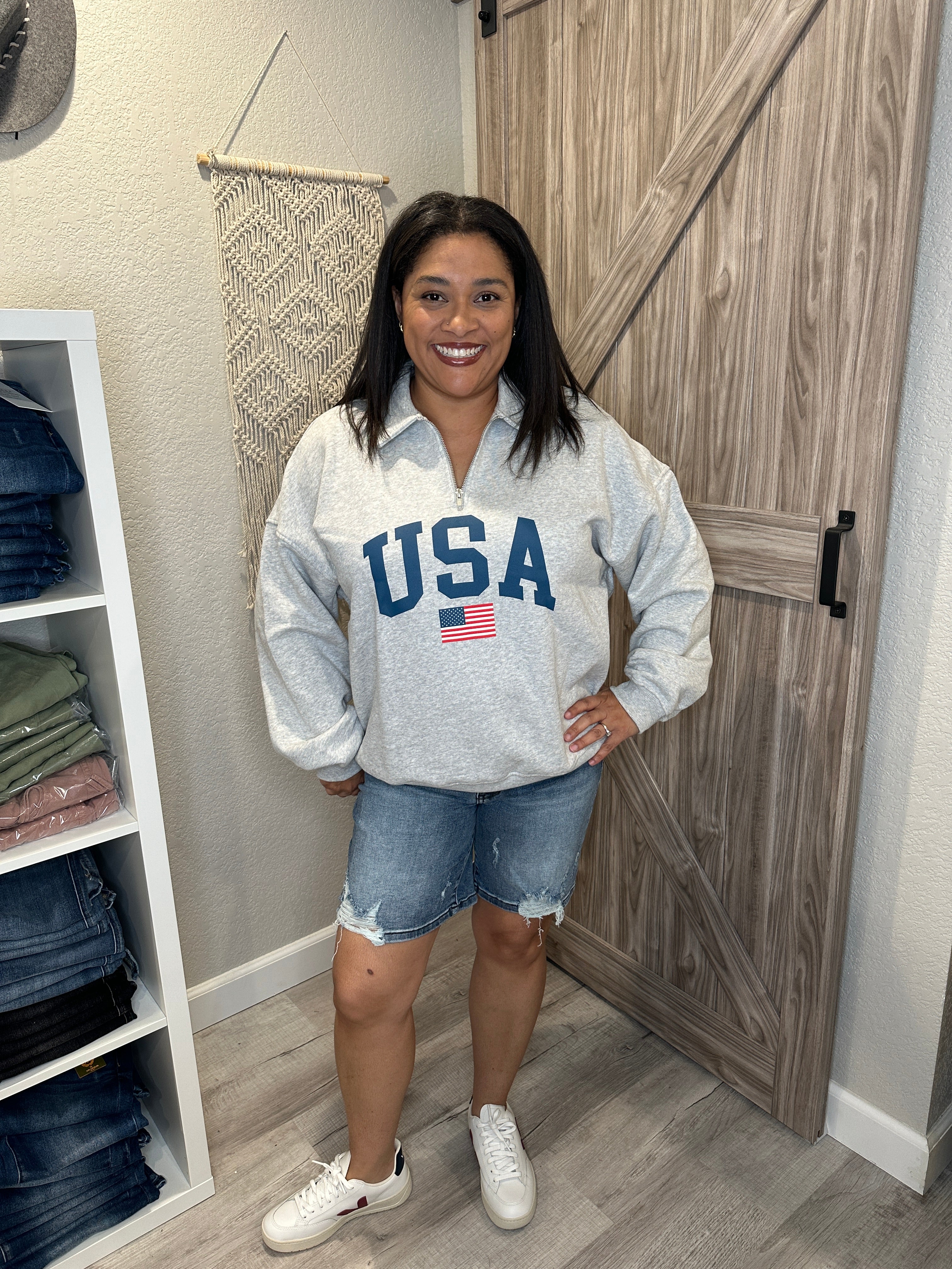 Chaser Heather Gray USA Quarter Zip Oversized Sweatshirt