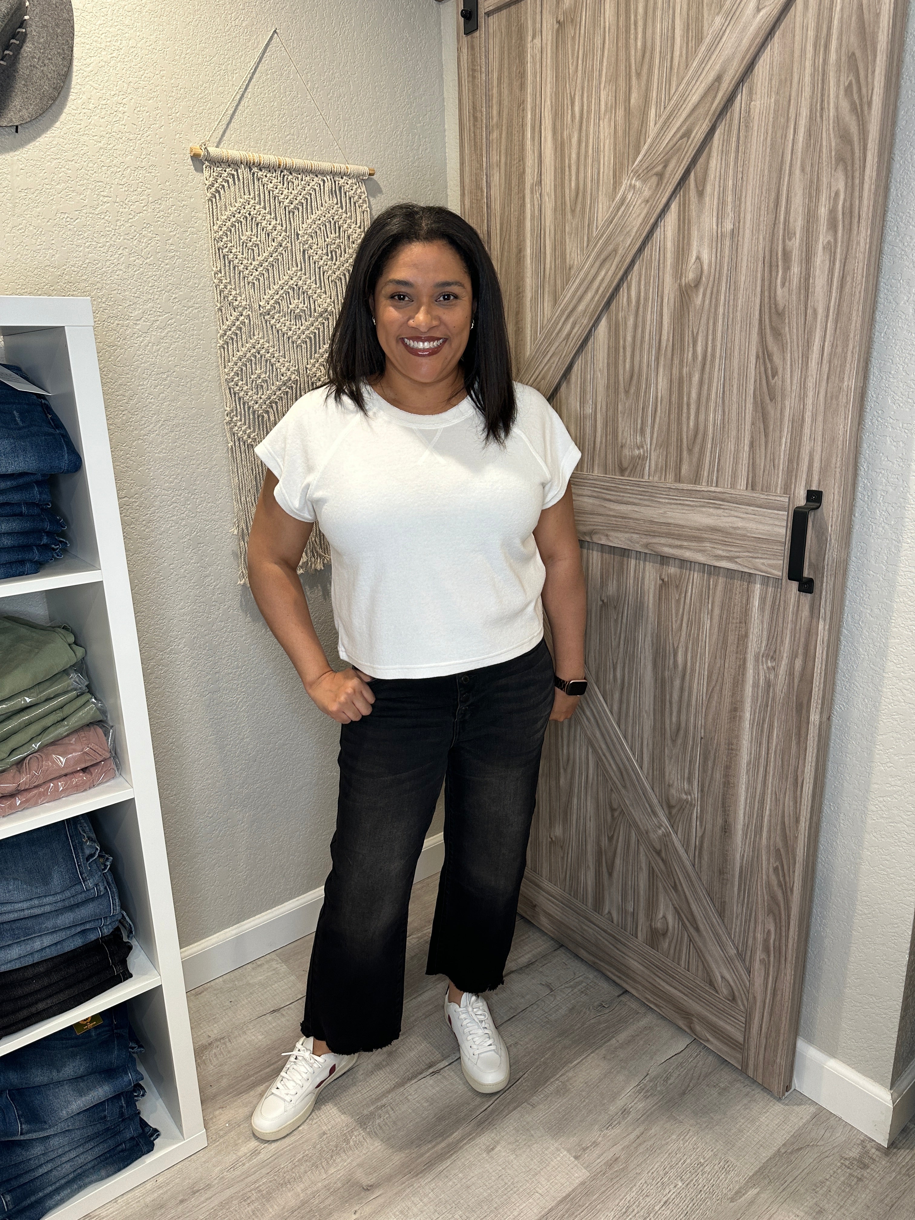 Judy Blue Black High Waist Button Fly Destroyed Raw Hem Cropped Wide Leg Denim