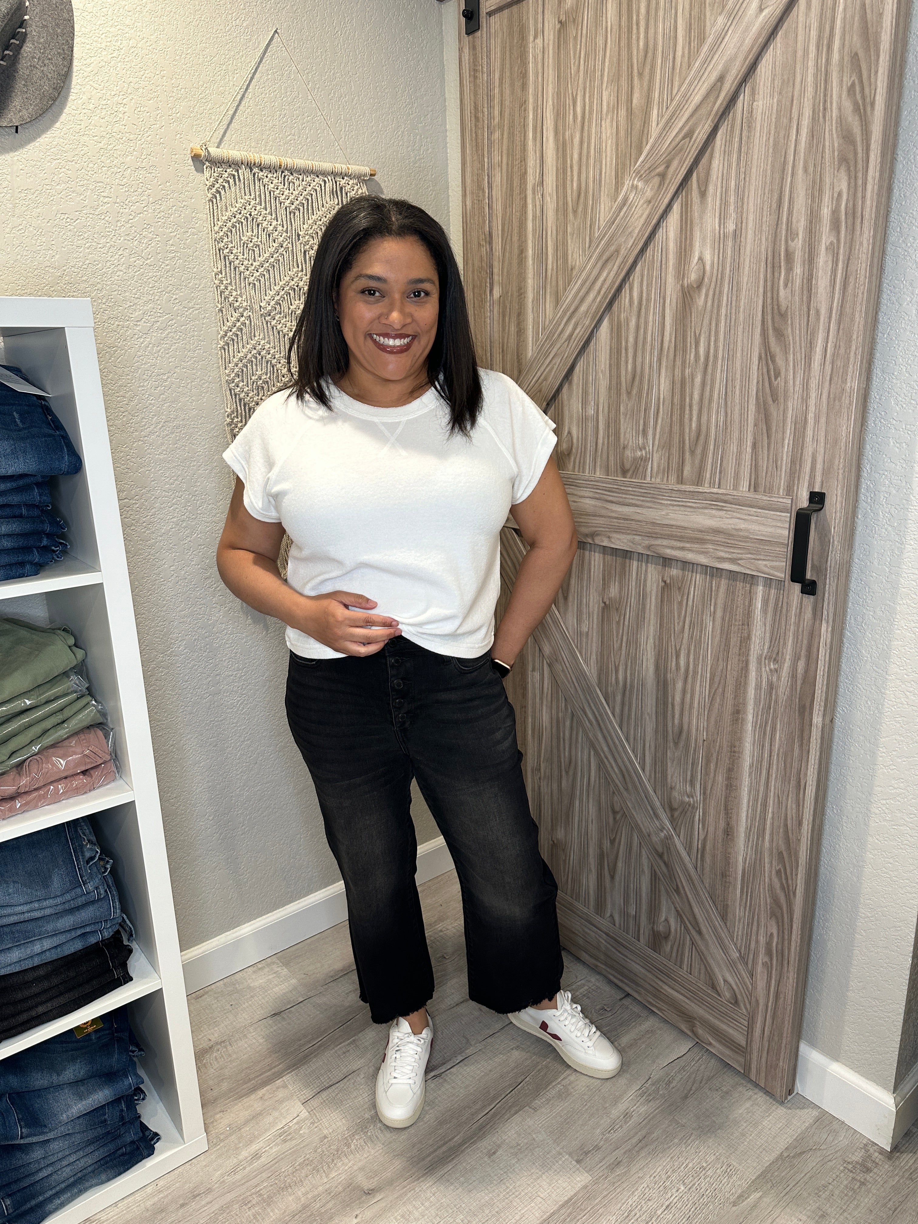 Judy Blue Black High Waist Button Fly Destroyed Raw Hem Cropped Wide Leg Denim