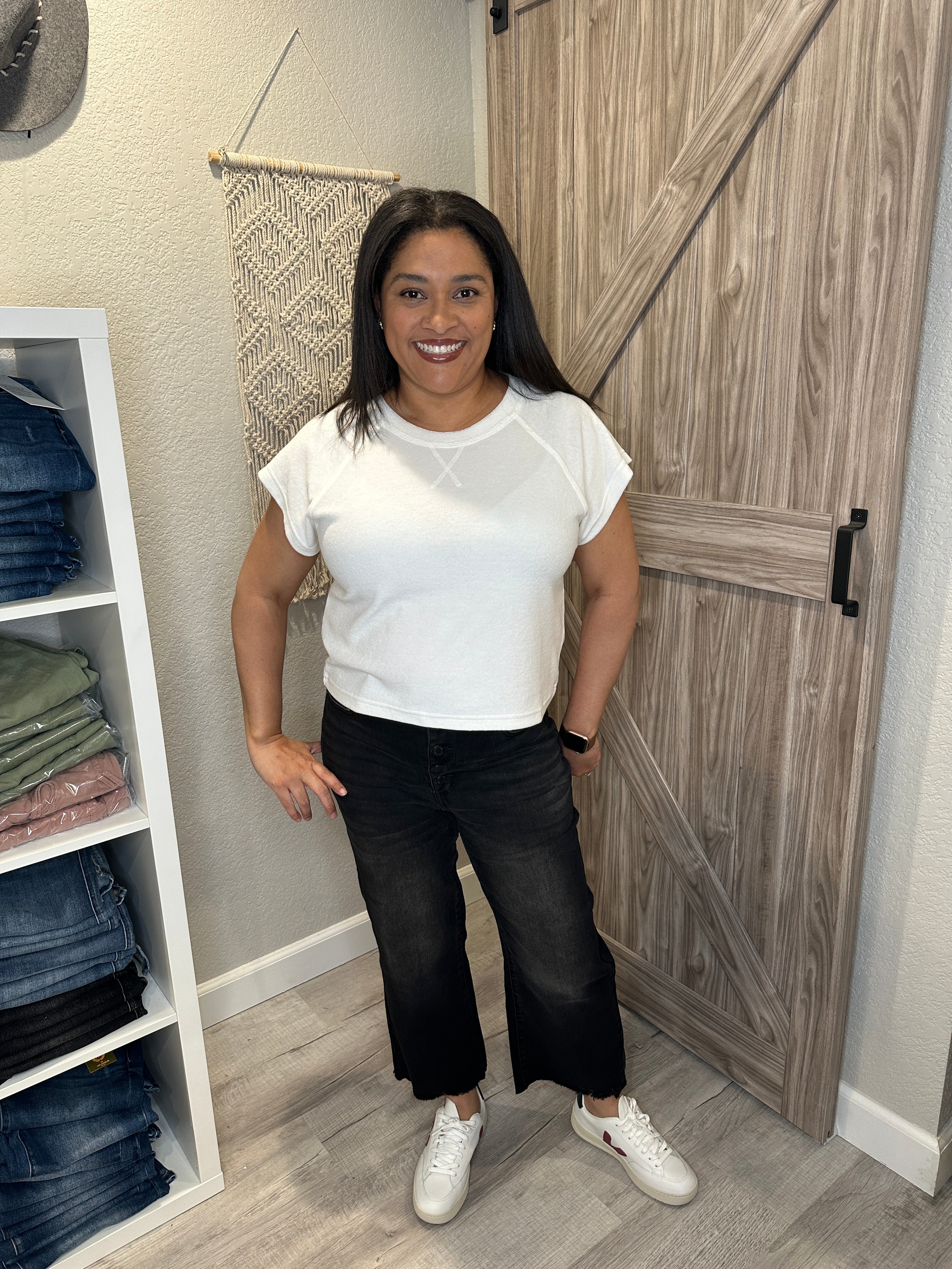Judy Blue Black High Waist Button Fly Destroyed Raw Hem Cropped Wide Leg Denim
