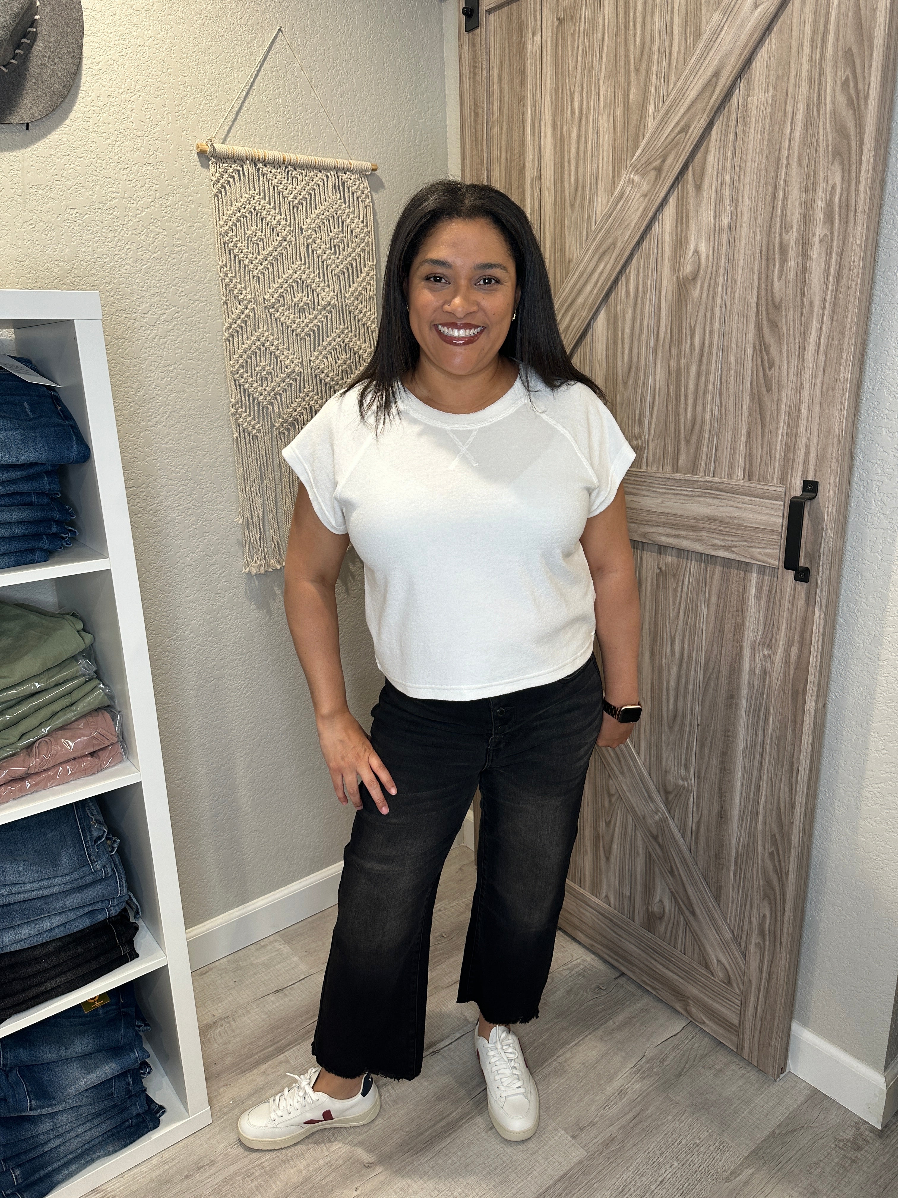 Judy Blue Black High Waist Button Fly Destroyed Raw Hem Cropped Wide Leg Denim