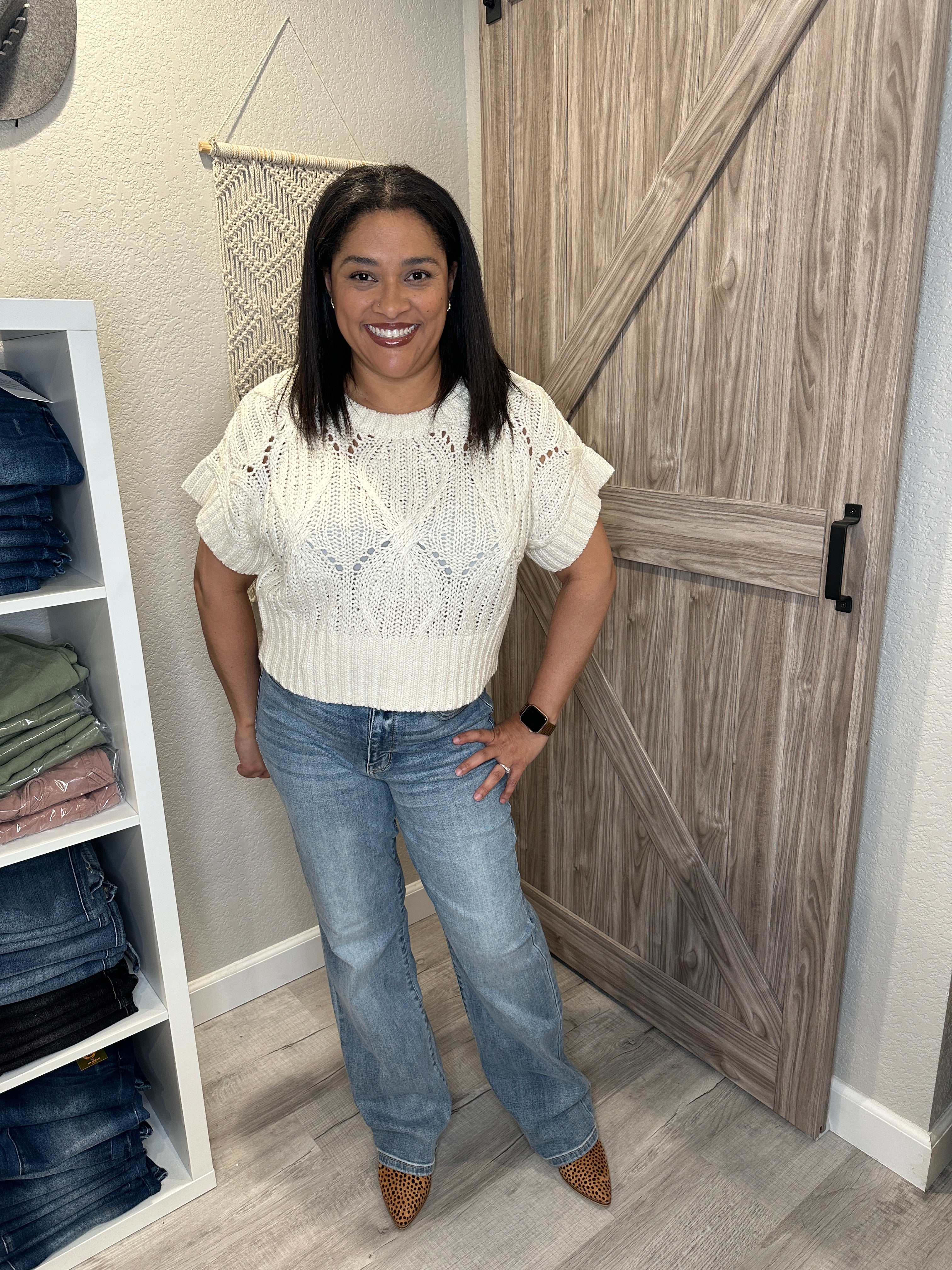 Cali Crochet Short Sleeve Cream Sweater Top