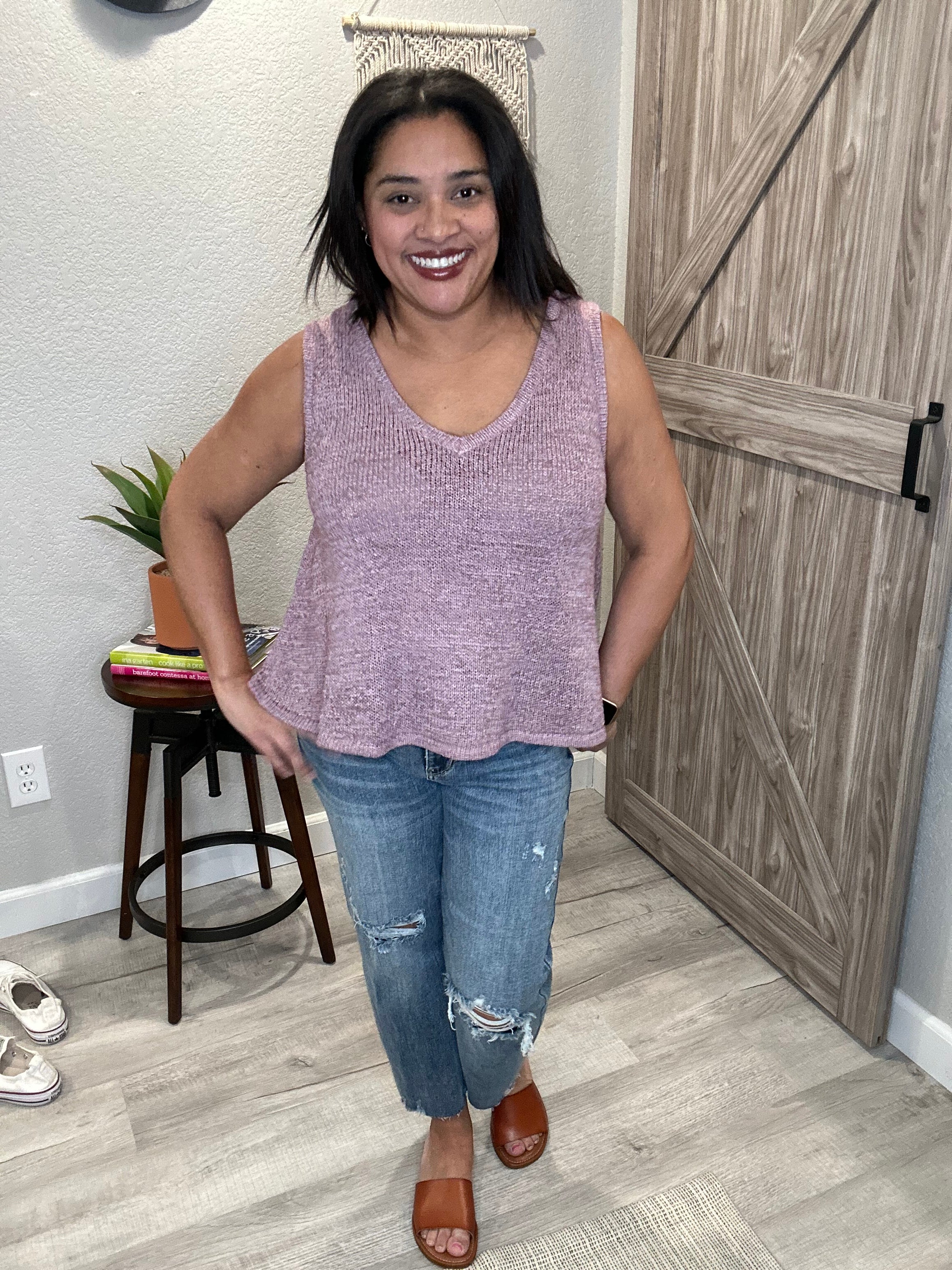 Dusty Lilac V Neck Spring Lightweight Sleeveless Sweater