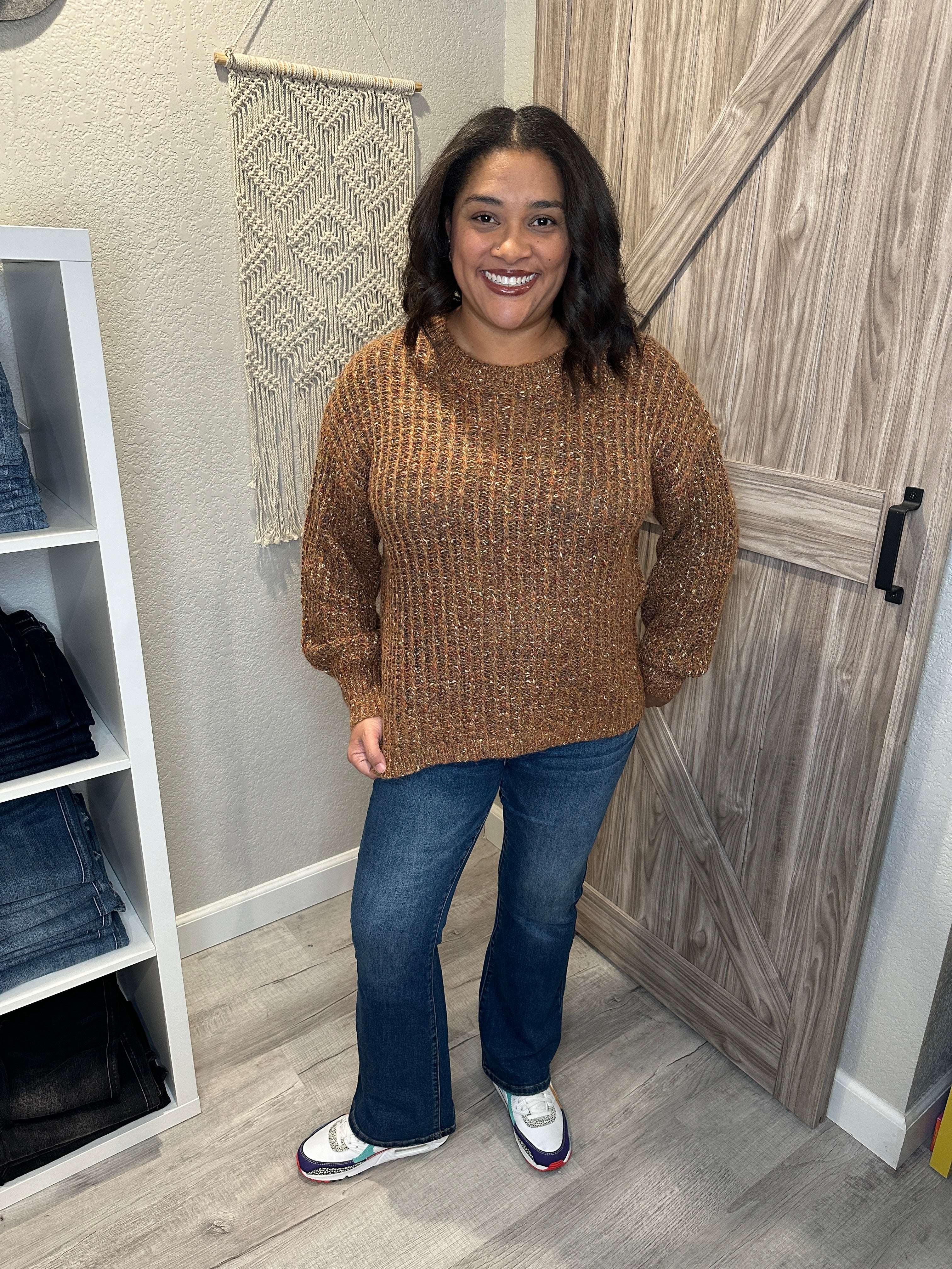Copper Multi Color Woven Knit Crewneck Sweater