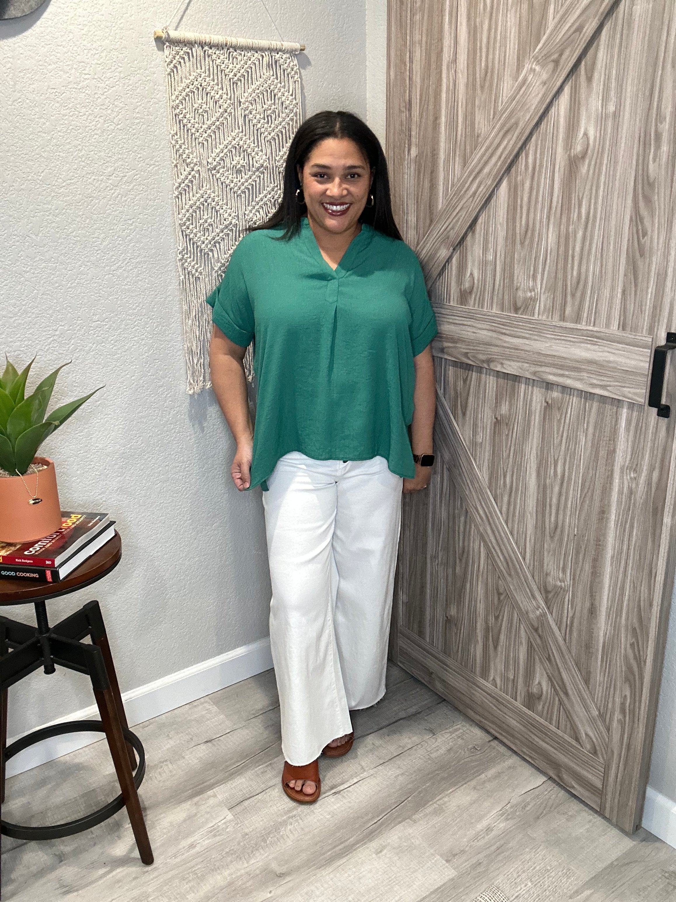 Green Split Neck Crinkle Cuffed Sleeve Top