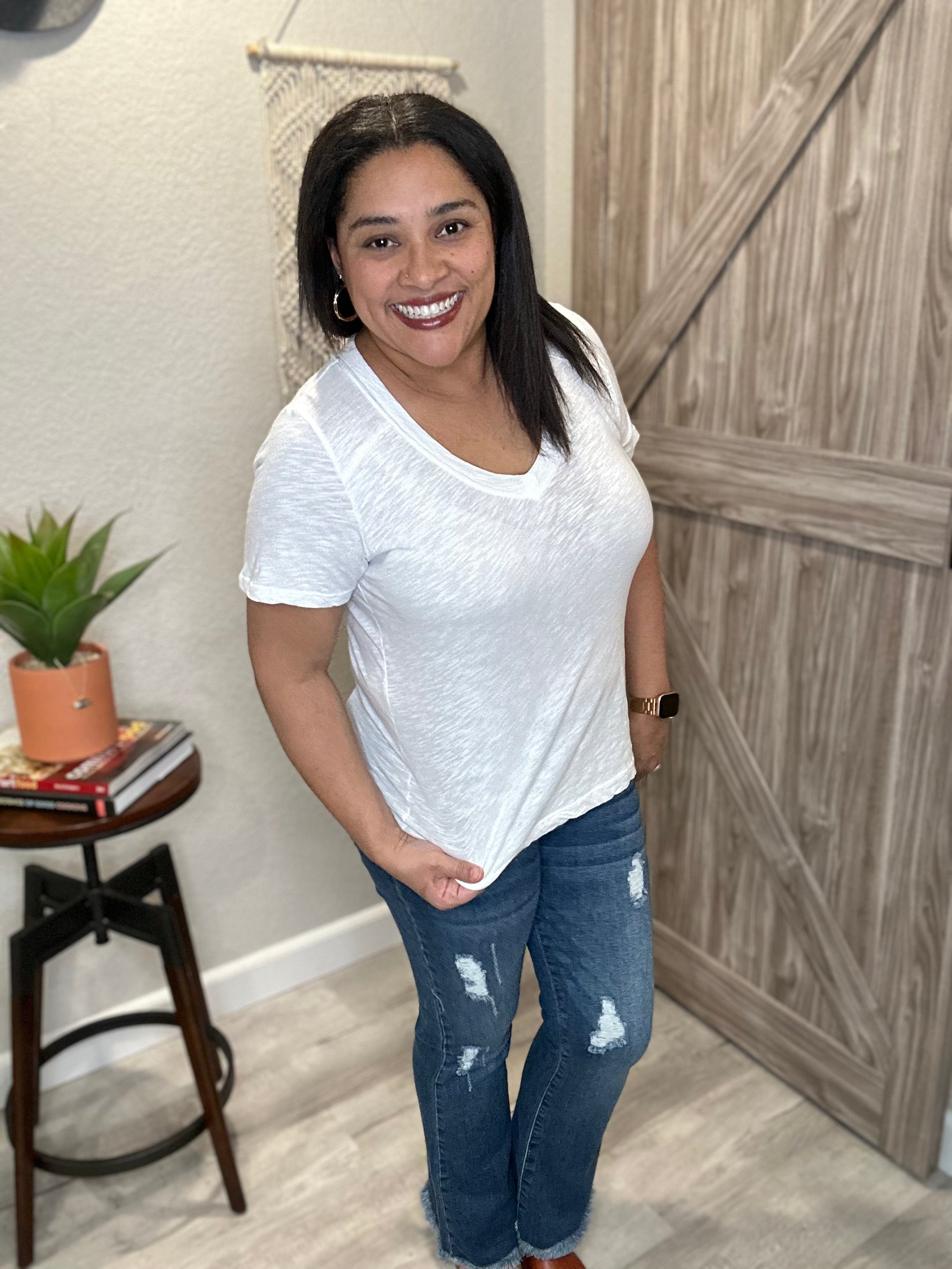 Bobi Shoulder Seam V Neck Tee Shirt
