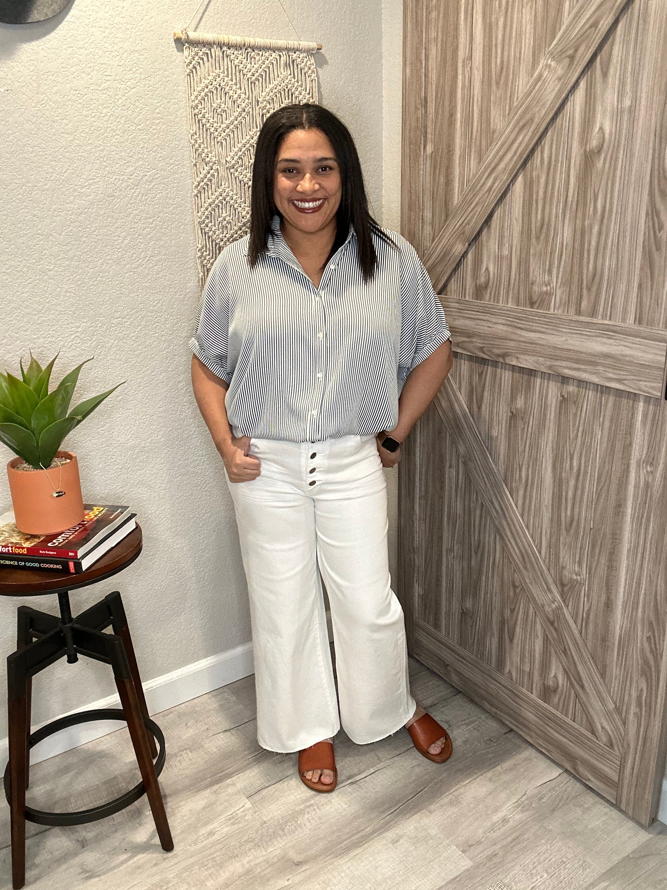 Oversized Striped Dolman Woven Summer Button Down Top