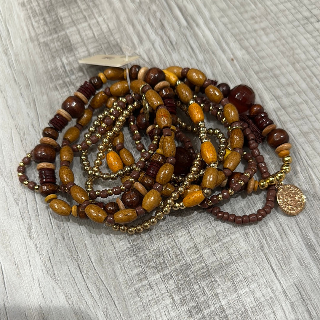 Gold & Brown Beaded Charm Bracelets Stack Set of 10