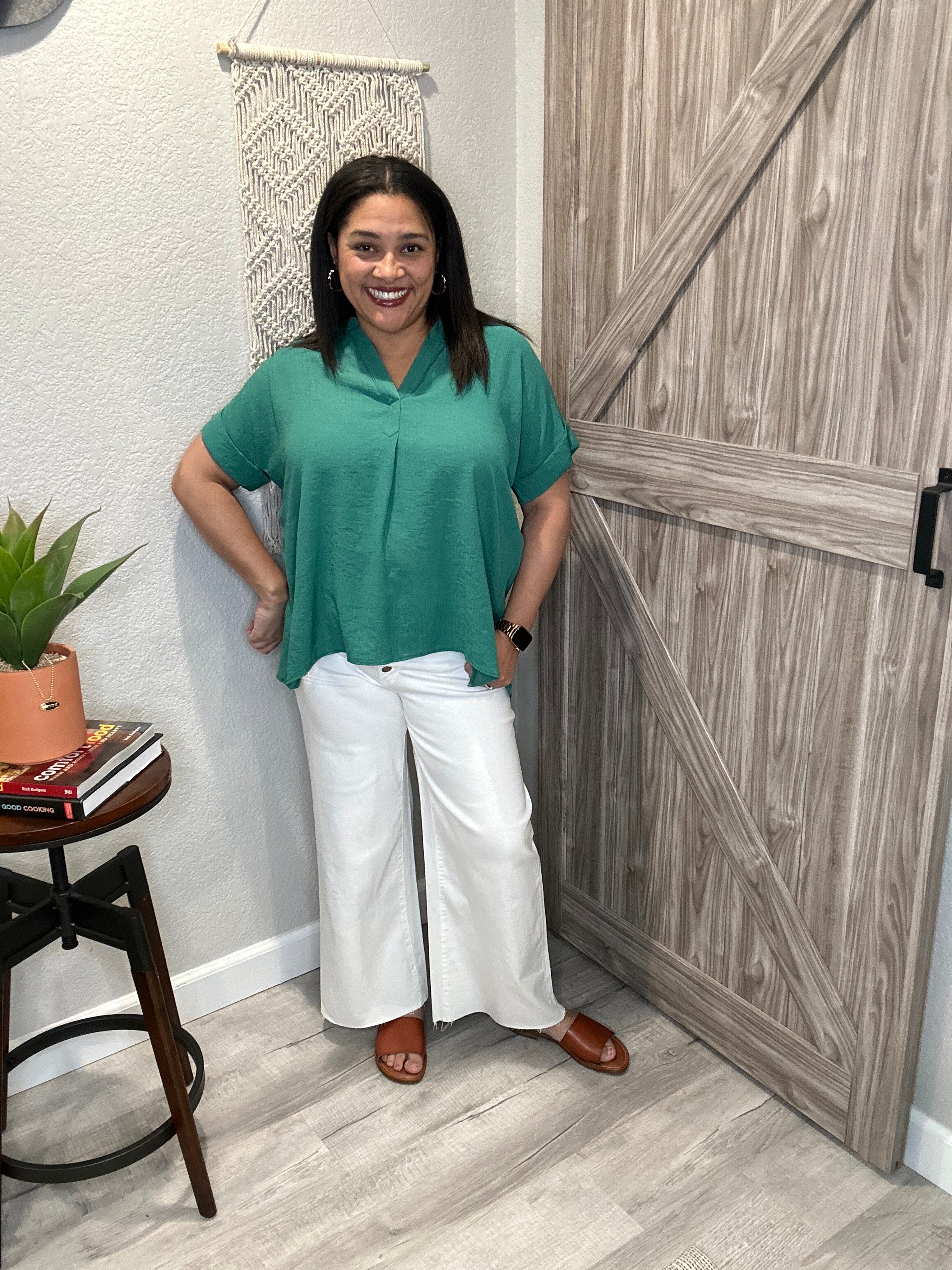 Green Split Neck Crinkle Cuffed Sleeve Top