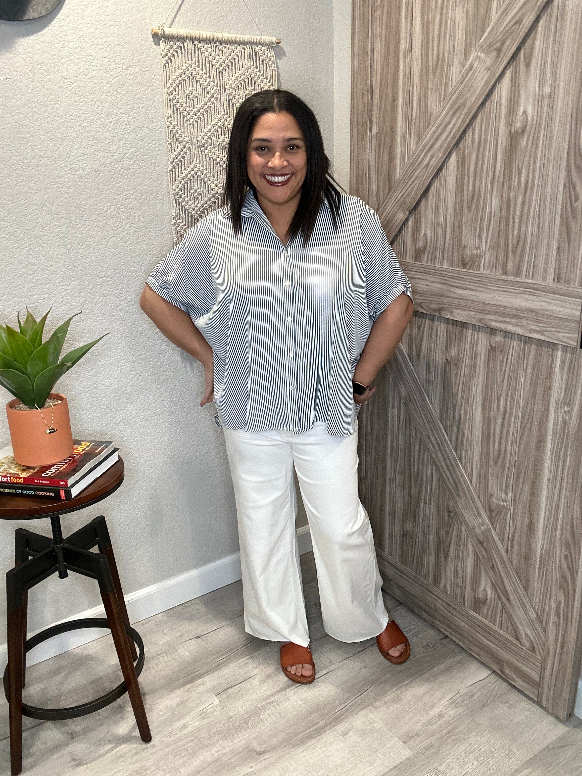 Oversized Striped Dolman Woven Summer Button Down Top