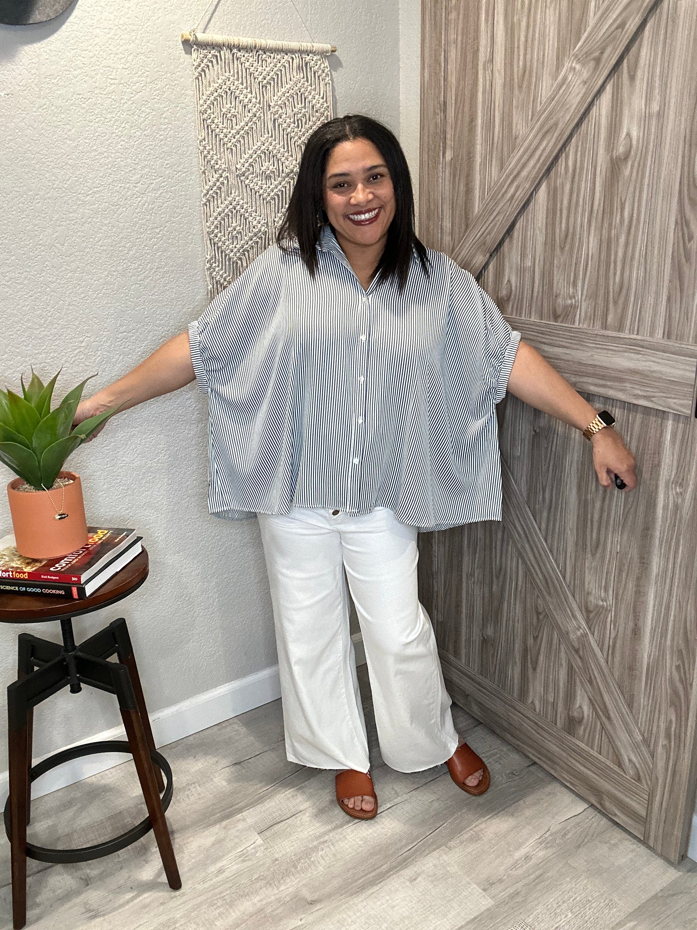 Oversized Striped Dolman Woven Summer Button Down Top
