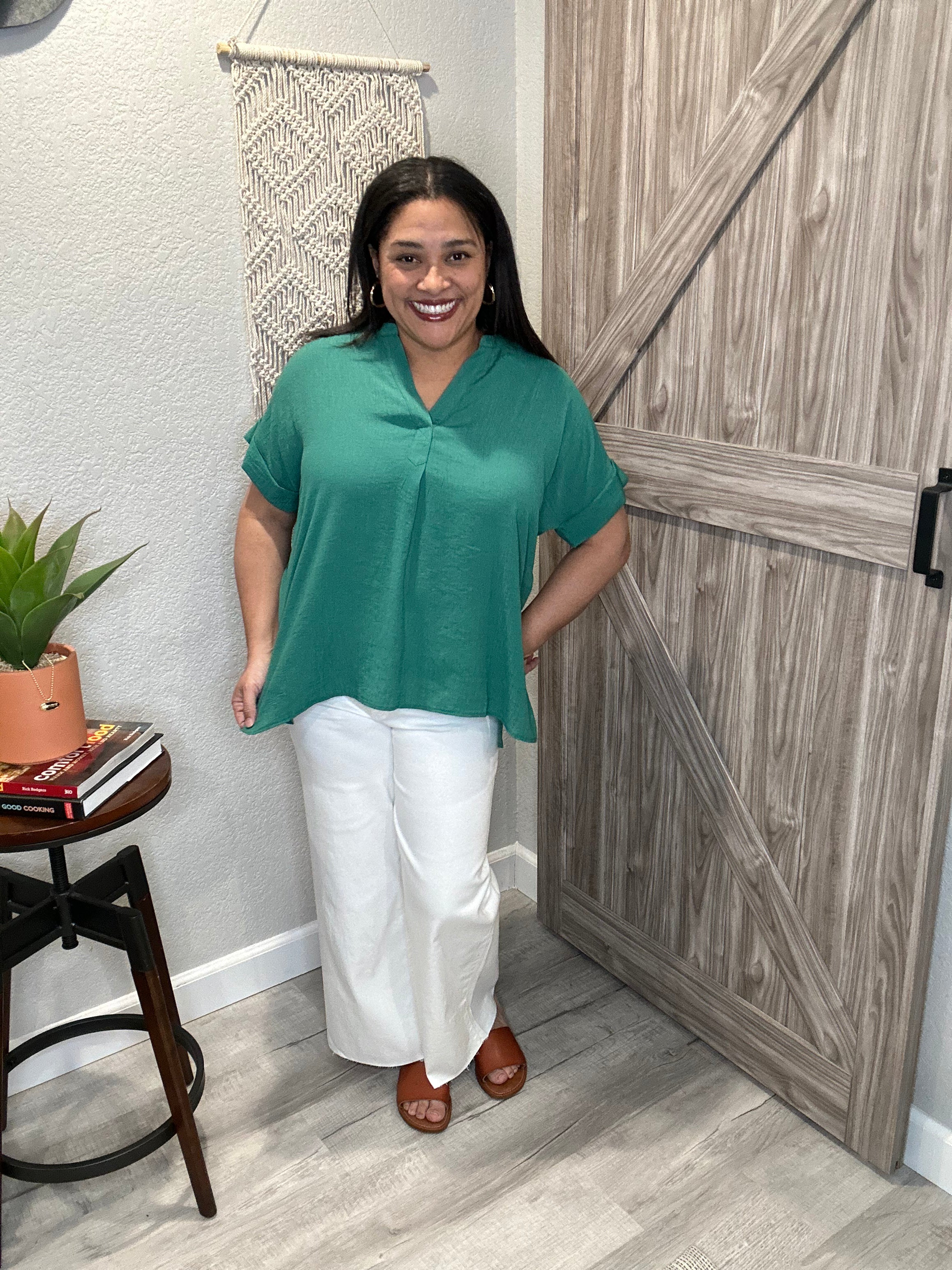 Green Split Neck Crinkle Cuffed Sleeve Top