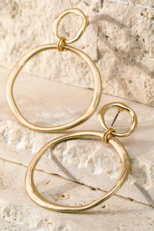 Satin Metal Gold Circle Dangle Earrings