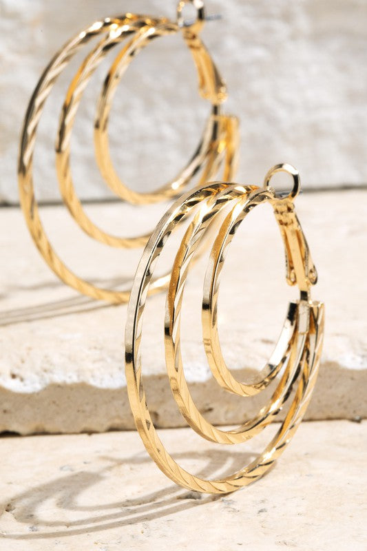 Set of 3 Pairs Gold Colored Textured Hoop Earrings