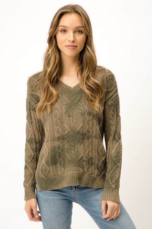 Olive Green Tie Dye V Neck Cable Knit Cotton Sweater