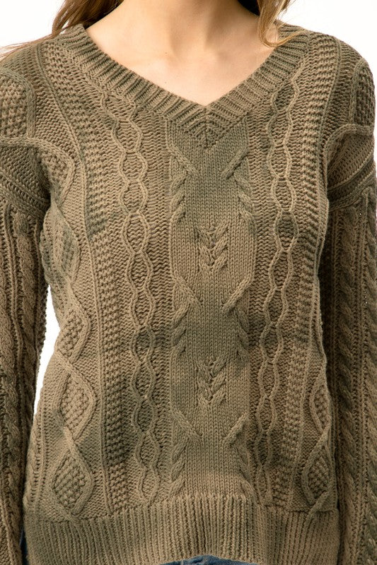 Size Medium Olive Green Tie Dye V Neck Cable Knit Cotton Sweater