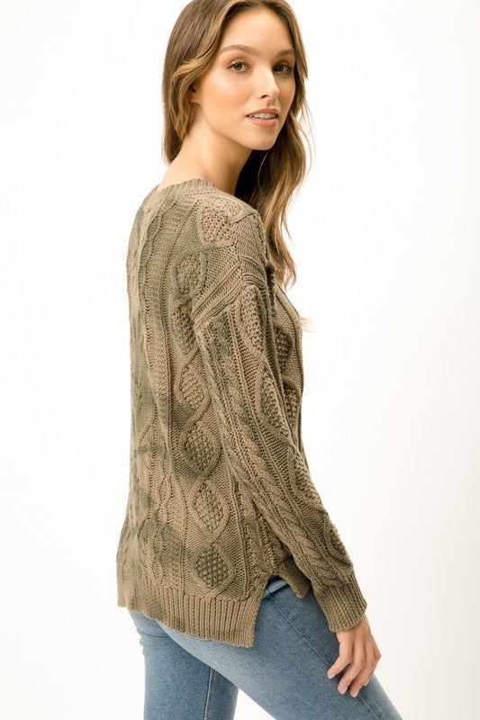 Size Medium Olive Green Tie Dye V Neck Cable Knit Cotton Sweater