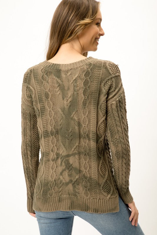Size Medium Olive Green Tie Dye V Neck Cable Knit Cotton Sweater
