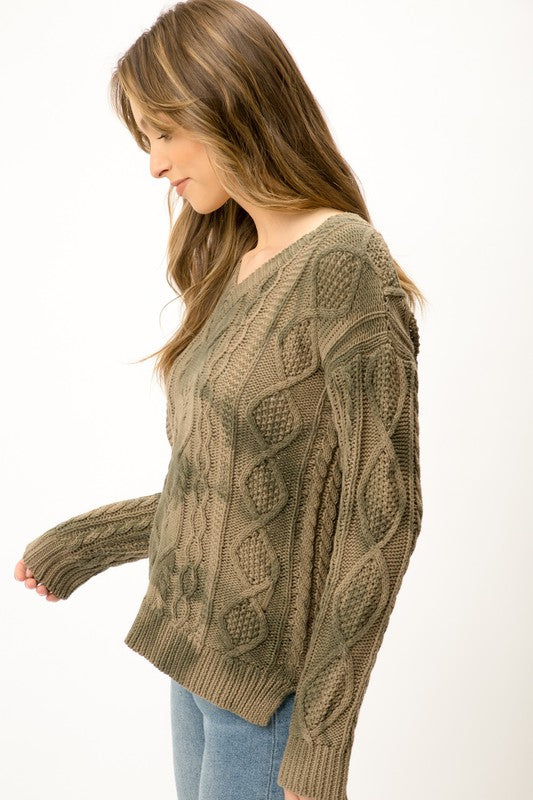 Size Medium Olive Green Tie Dye V Neck Cable Knit Cotton Sweater