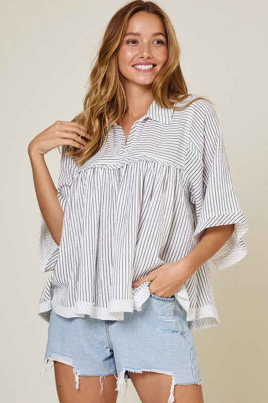 Ivory & Black Striped Half Sleeve Babydoll Top