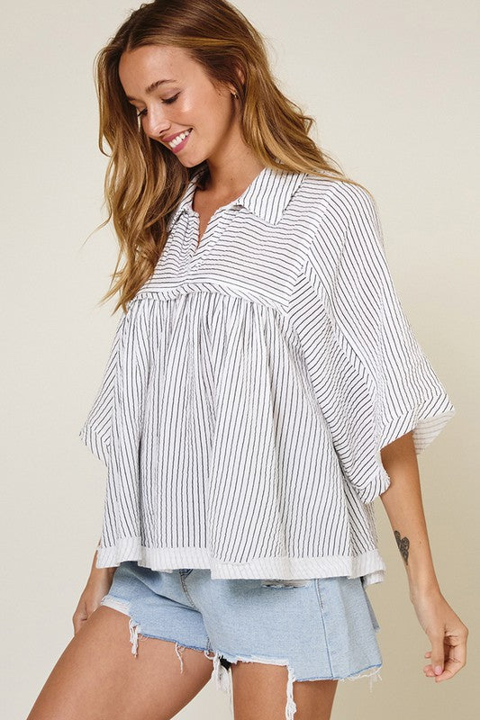 Ivory & Black Striped Half Sleeve Babydoll Top