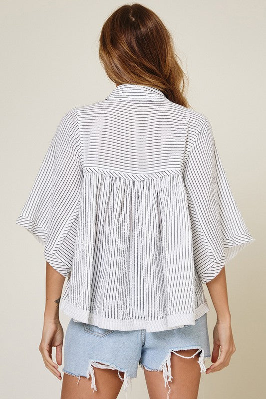 Ivory & Black Striped Half Sleeve Babydoll Top