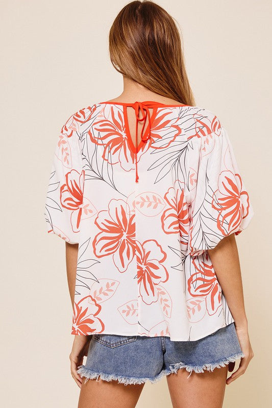 Summer Tropical Floral Bubble Sleeve Top