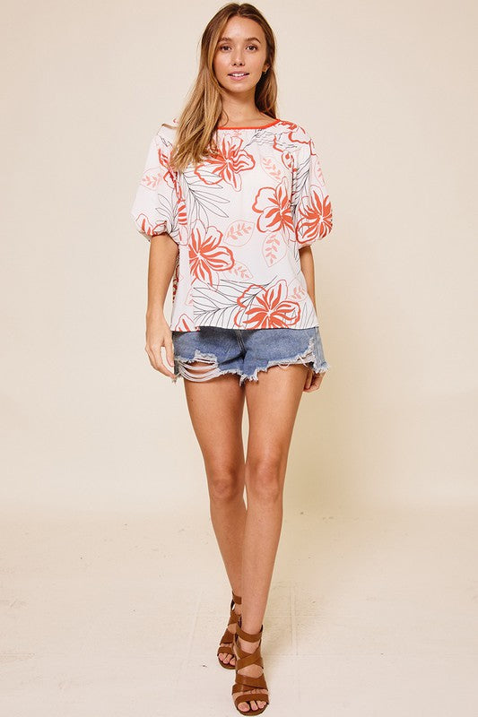 Summer Tropical Floral Bubble Sleeve Top