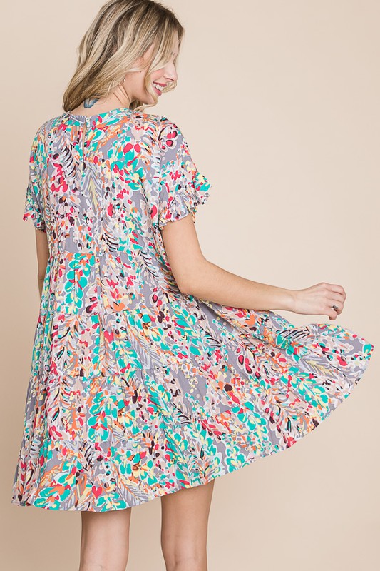 Size Small & 3XL Grey with Multicolor Floral Print Babydoll Ruffle Sleeve Dress